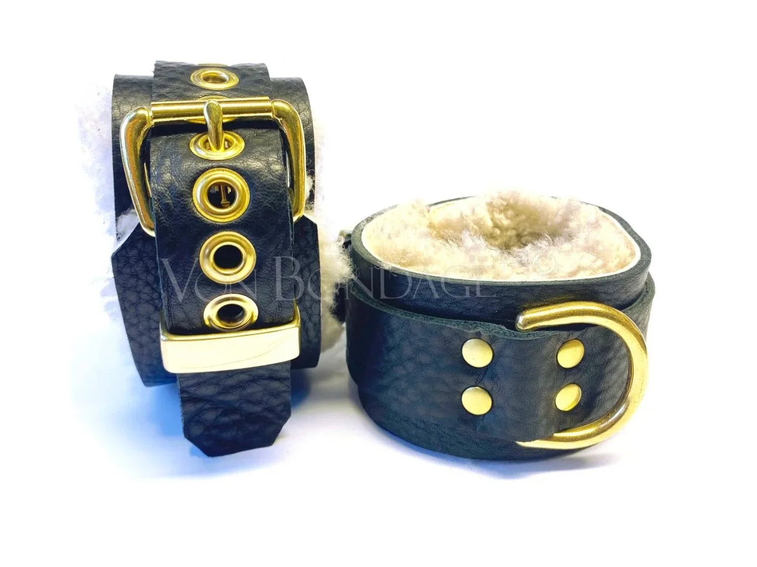 Black Leather Curly Beige Sheepskin Restraints Large Brass D-rings