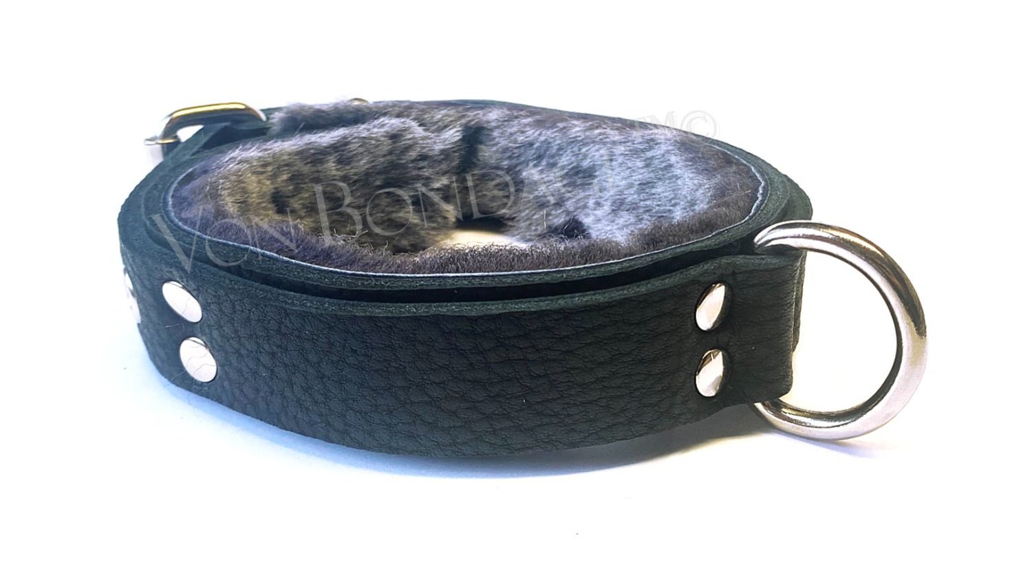Narrow Gray Fur-lined slave Collar with Strong Dee Ring