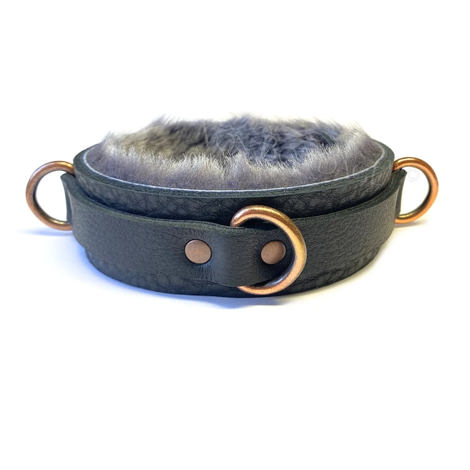 Gray Sheepskin Fur Bondage Collar with 3 Copper D-rings