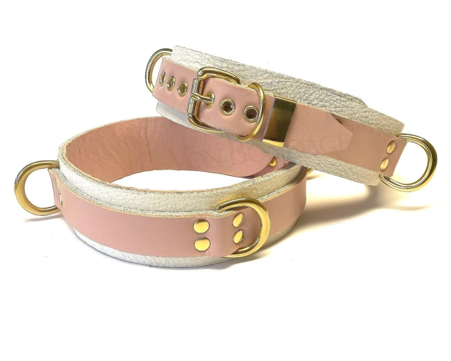 Pink & White Leather Thigh Restraints in Brass