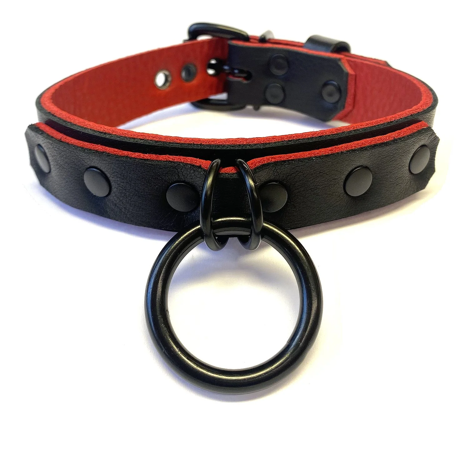 Black & Red Leather BDSM Collar with 2 black d-rings with 1.25 Black O-ring in black hardware