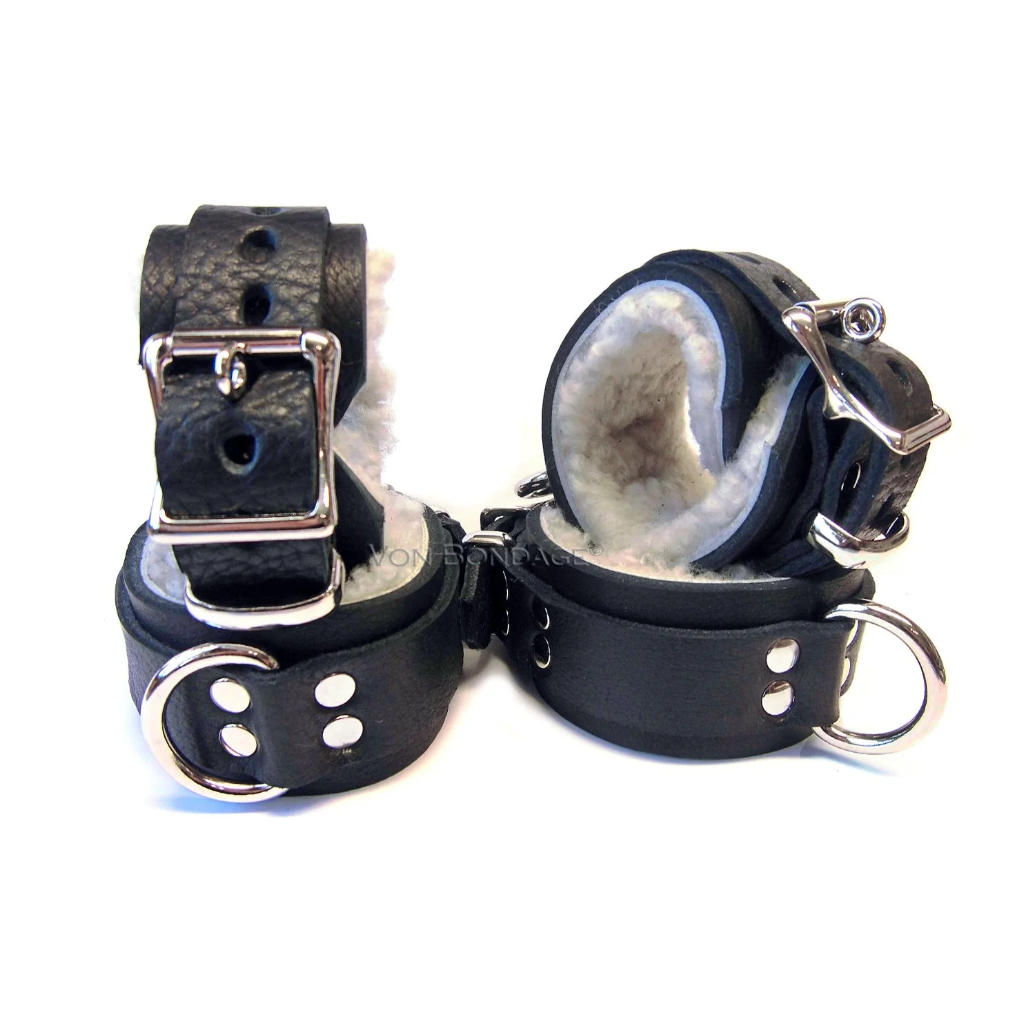 Lockable Wrist &amp; Ankle Leather Restraints lined in Curly Sheepskin Fur in Black Bullhide
