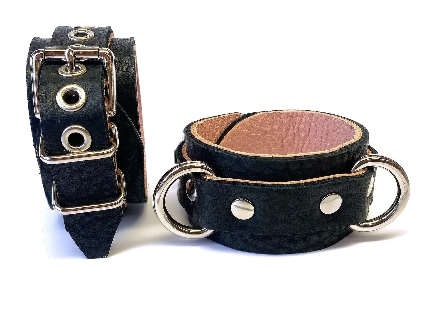 Black & Pink Leather Restraints with 2 pairs of D-rings