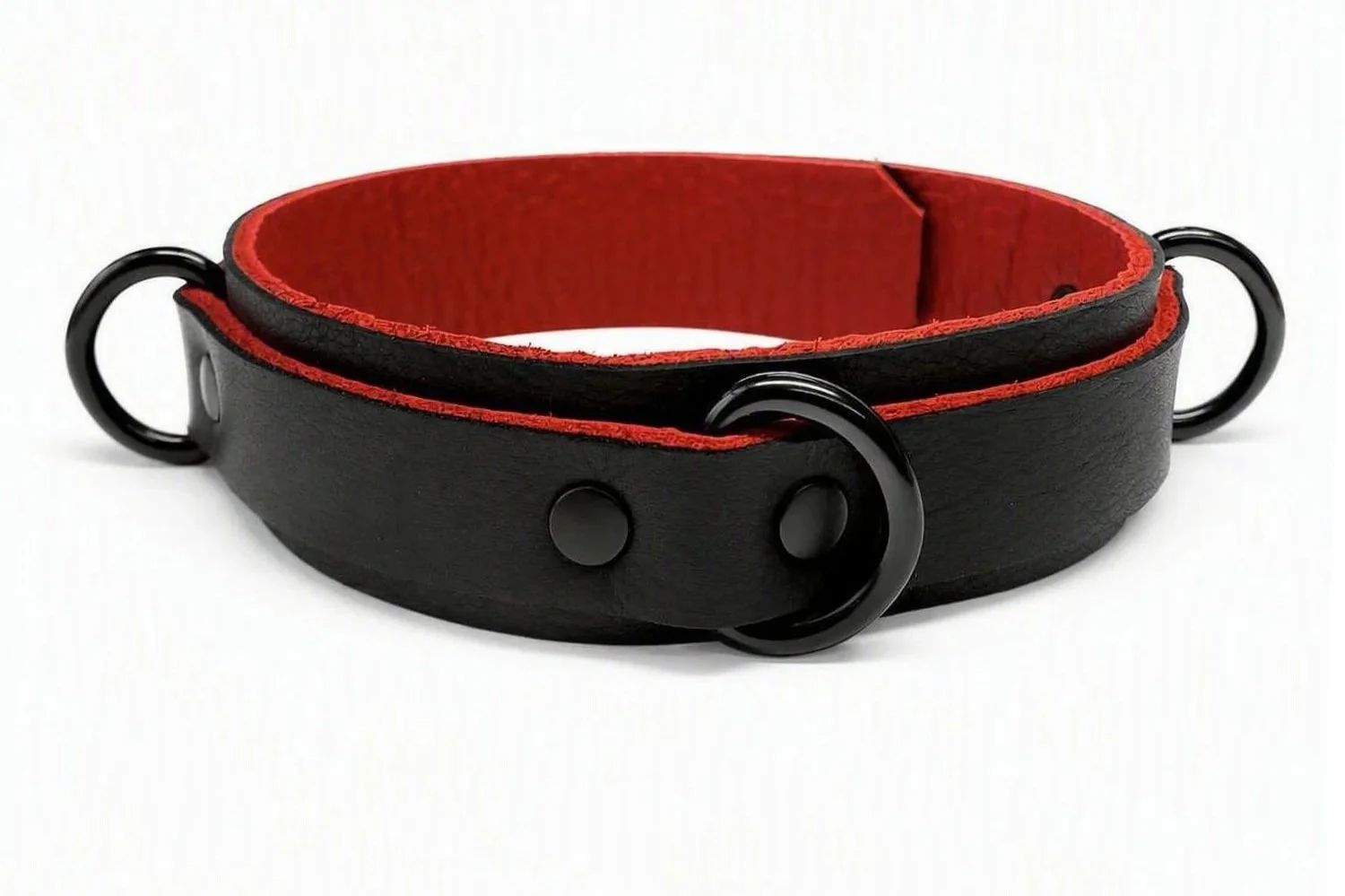 Black & Red Leather BDSM Collar with 3 Black D-rings