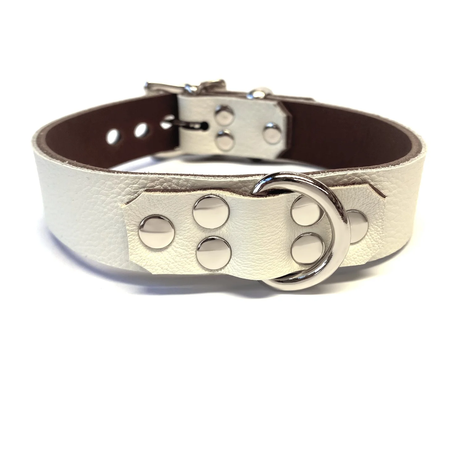 White Lockable Leather BDSM Collar with Strong D-Ring