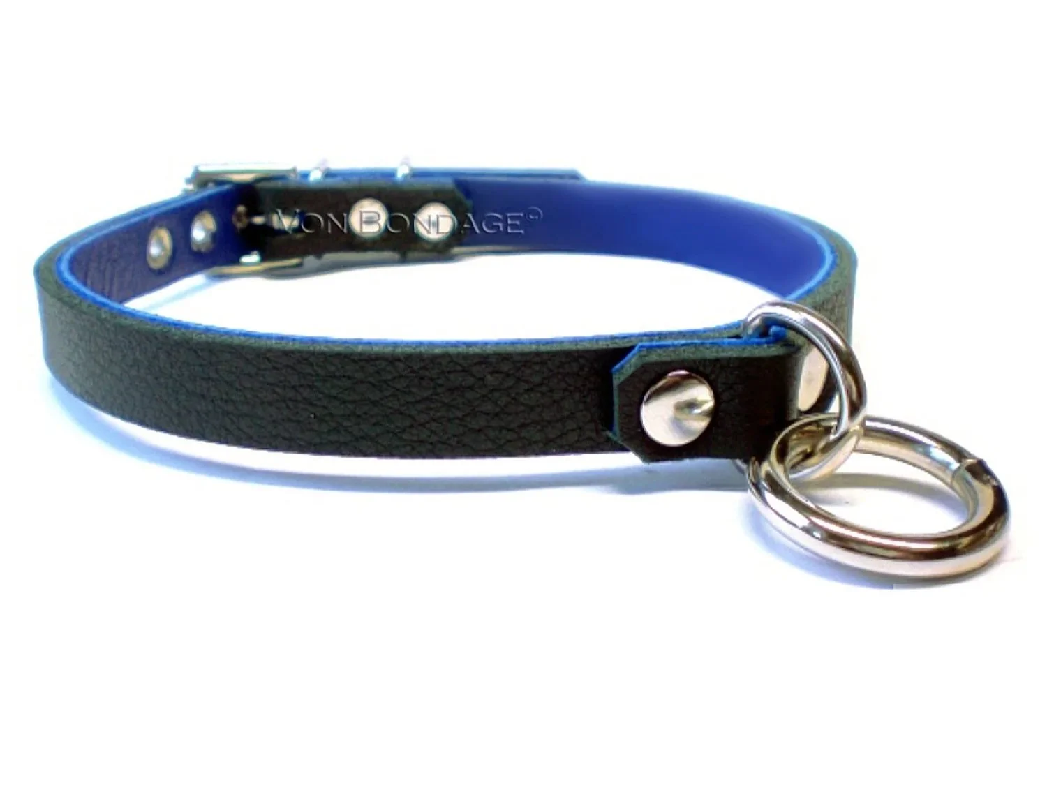 Discreet BDSM Day Collar with Small Ring in black leather with blue lining