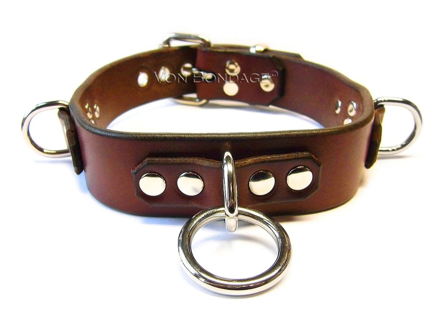 Brown Leather BDSM Collar with O Ring and D-rings