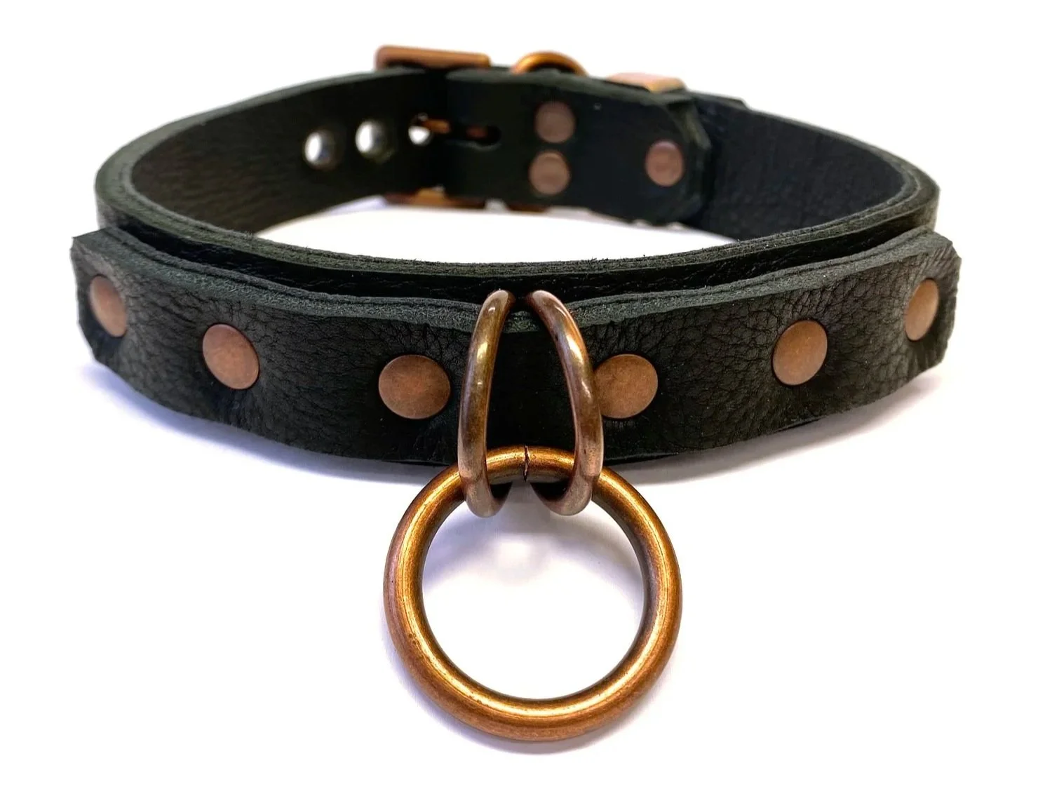 Bullhide Bison Leather BDSM Collar with 2 copper d-rings and O-ring