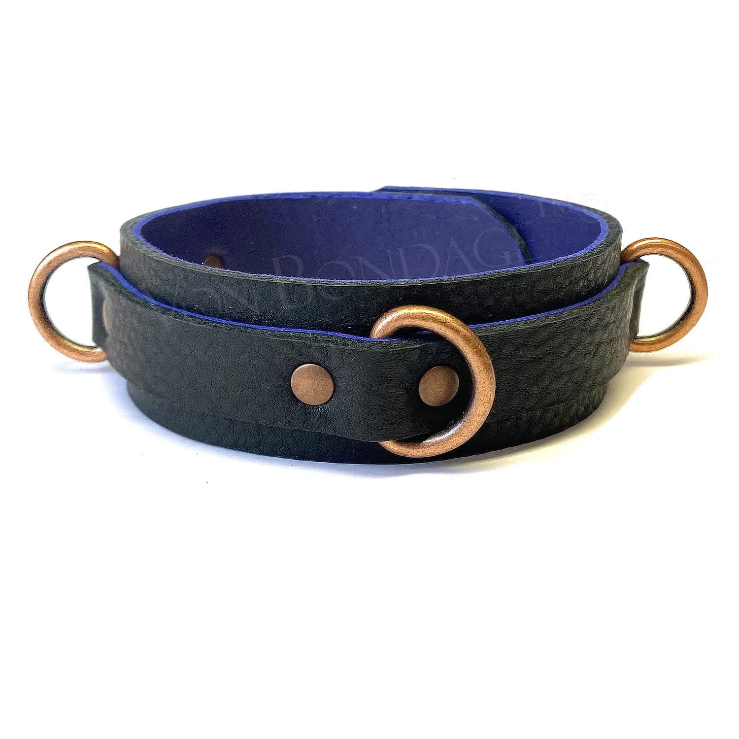 Leather BDSM Collar lined in purple lambskin with copper d-rings