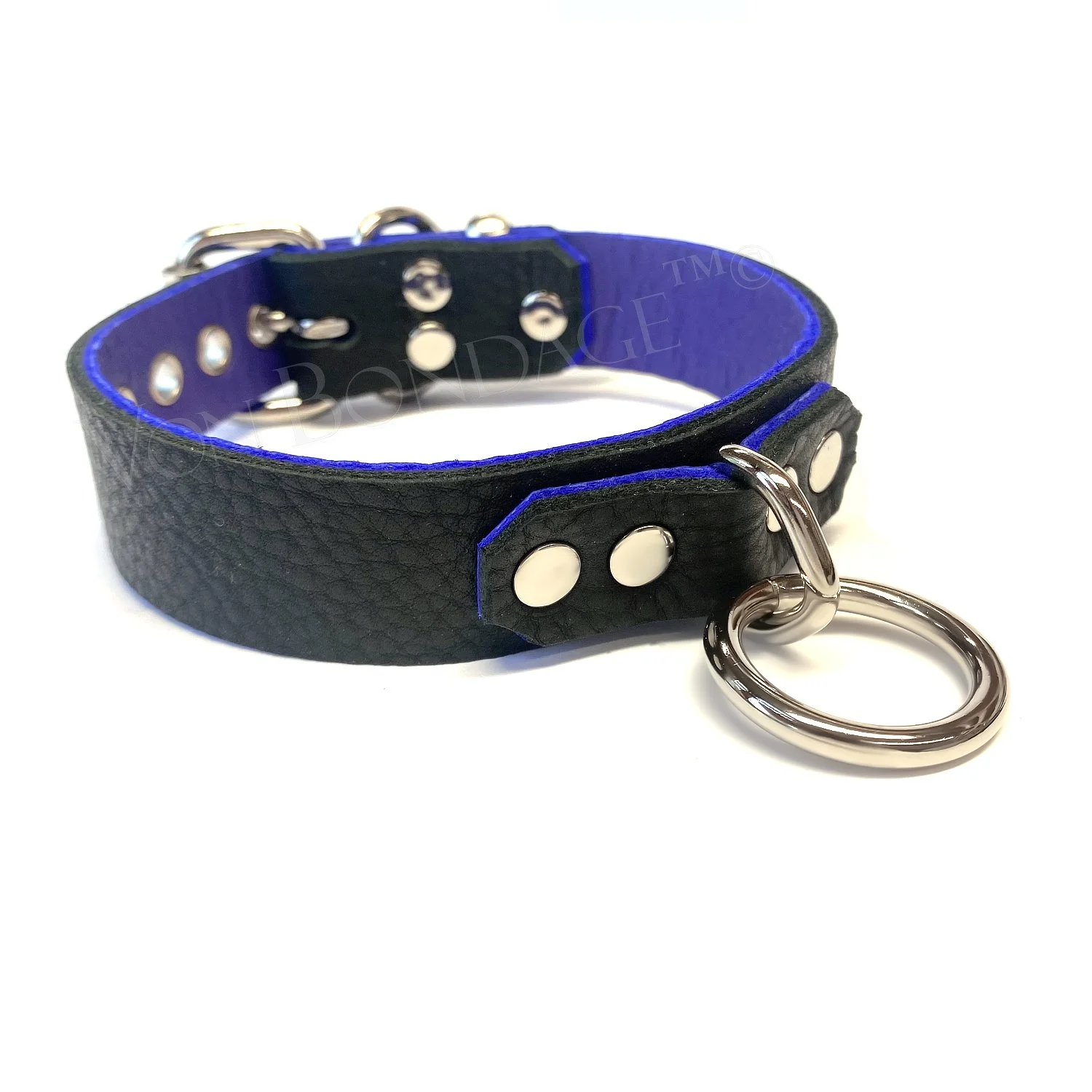 Black &amp; Purple Leather BDSM Collar with 1" Bondage Ring