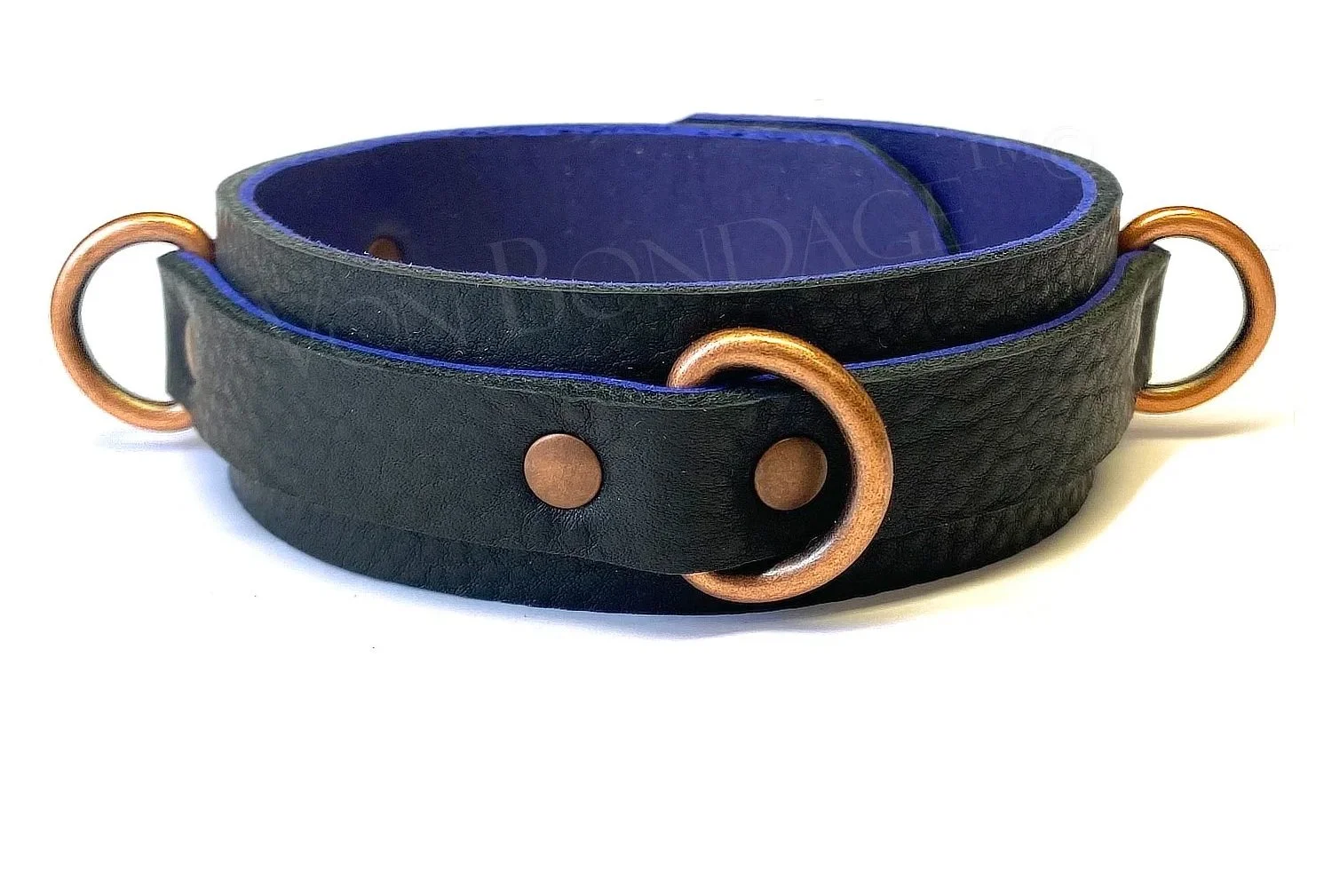 black bullhide leather bdsm collar with 3 copper d-rings lined in purple lambskin