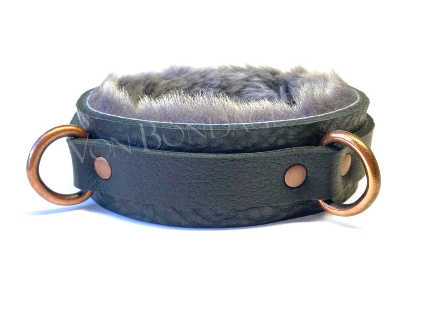 Gray Sheepskin Fur BDSM Collar with 3 Copper D-rings