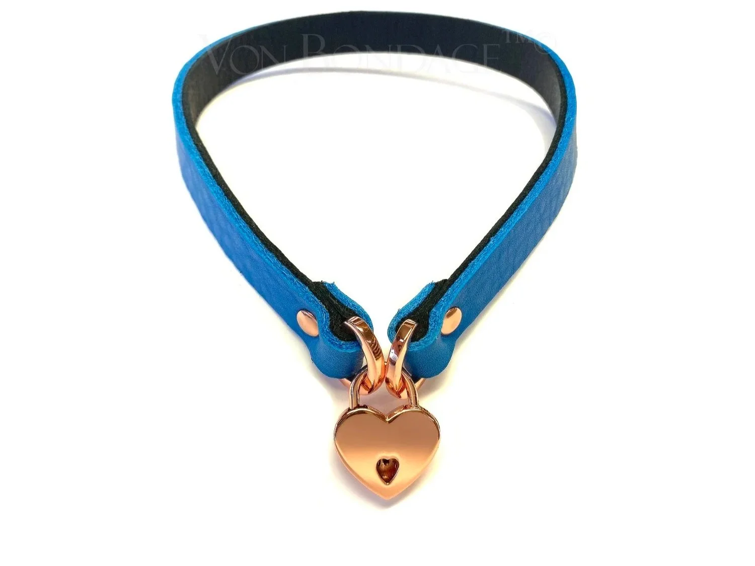 french blue leather submissive collar with rose gold heart padlock