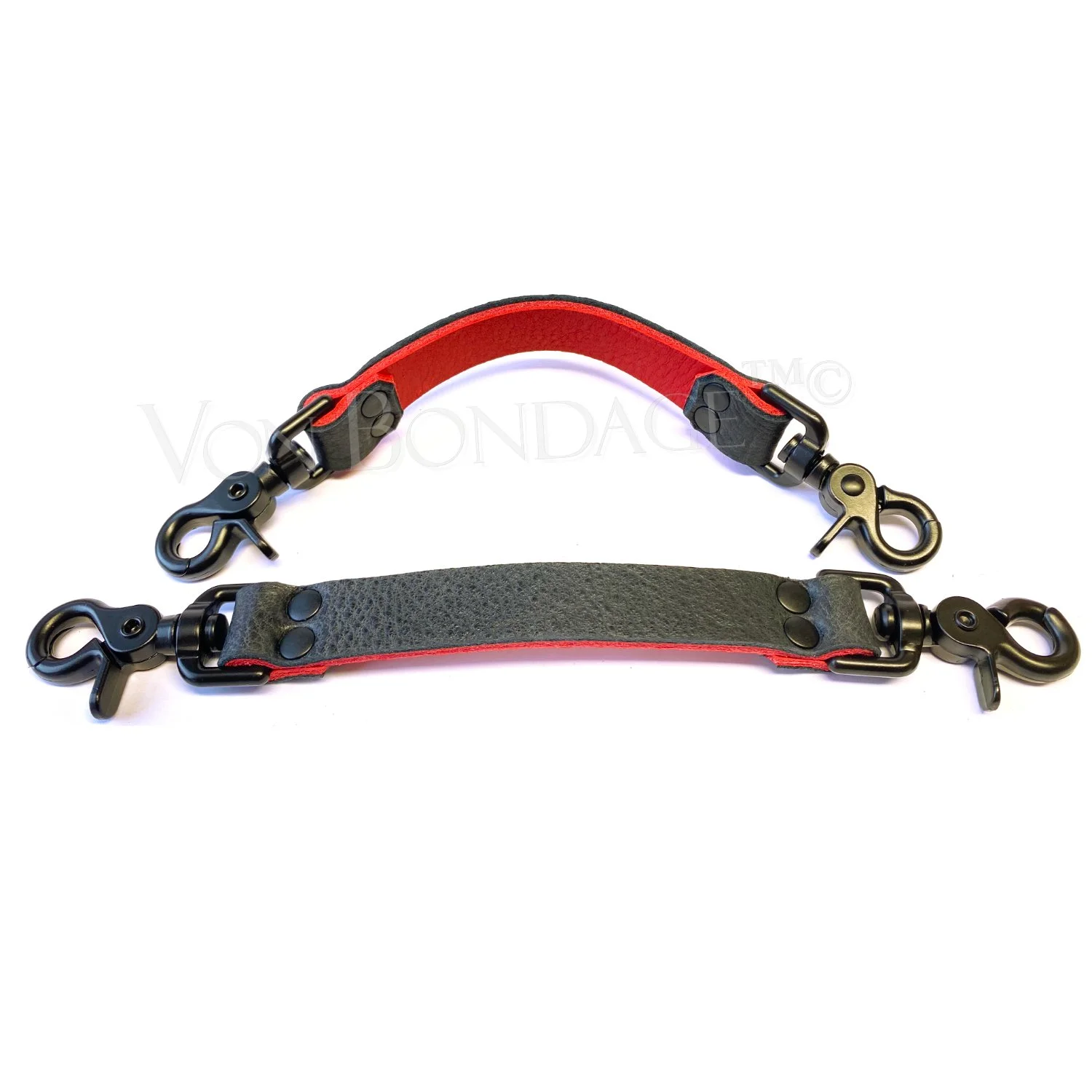 Pair of Bison leather bdsm straps lined in black bullhide leather with black scissor clips