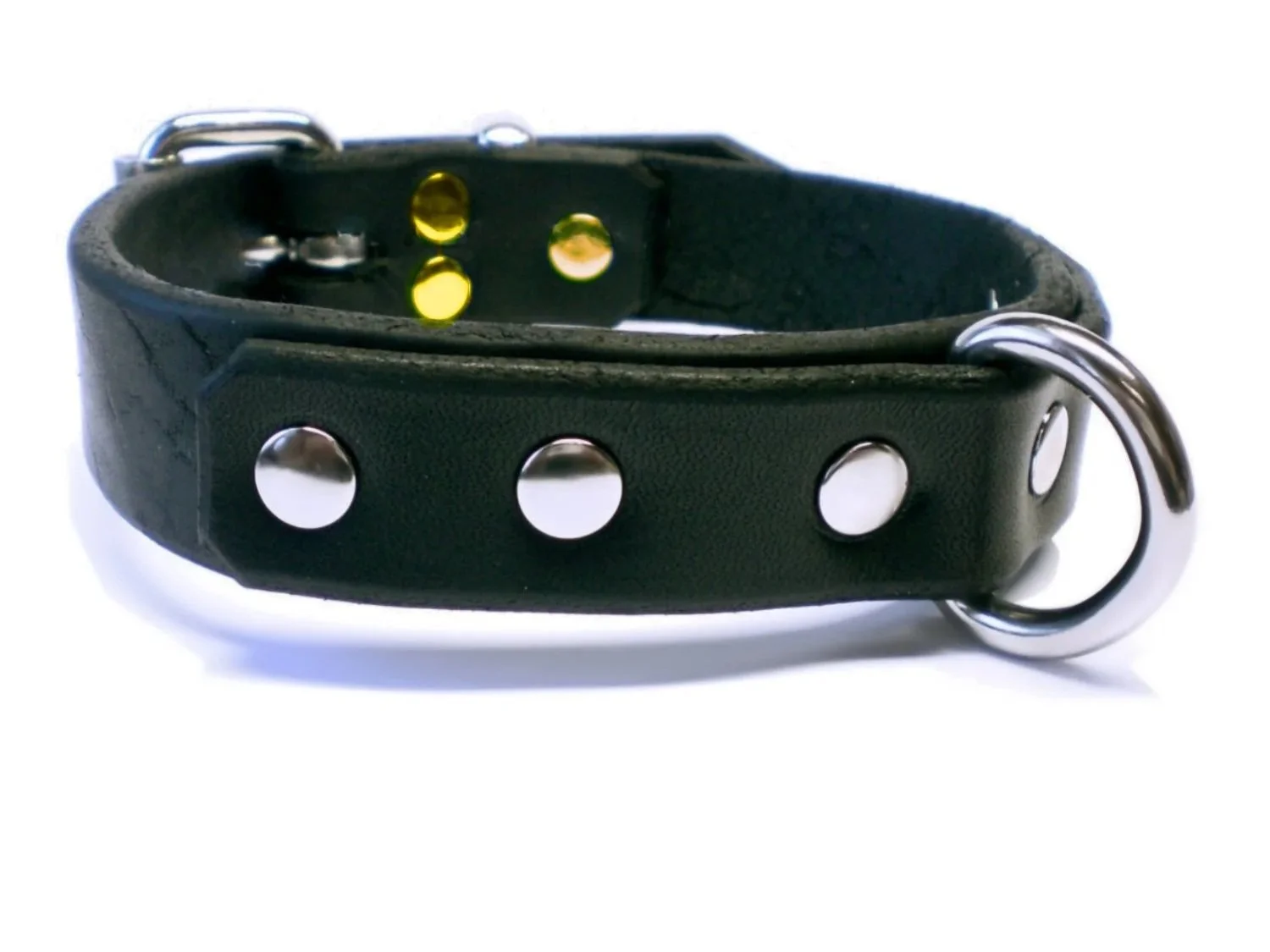 Black leather BDSM collar with sturdy stainless steel dee ring