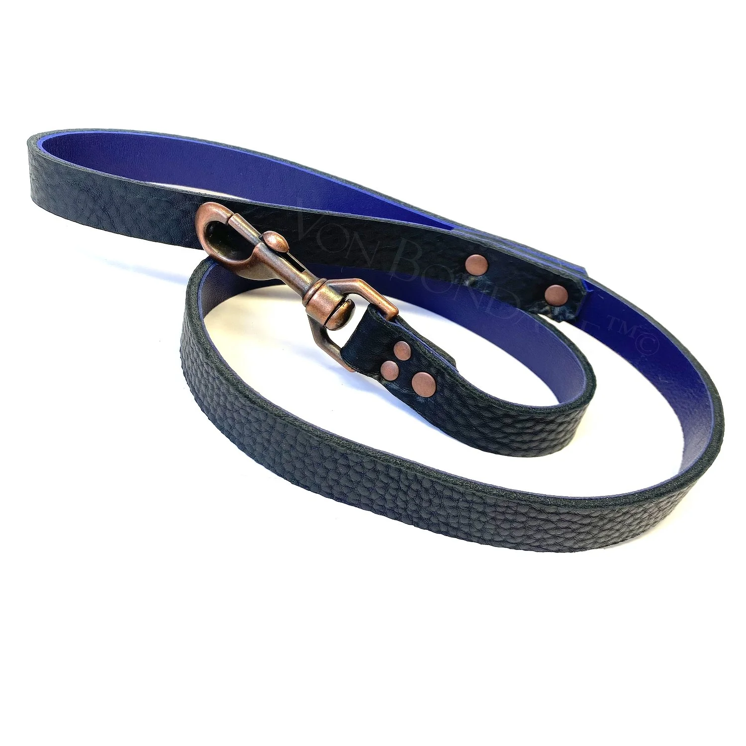 black bullhide leather leash with copper snap