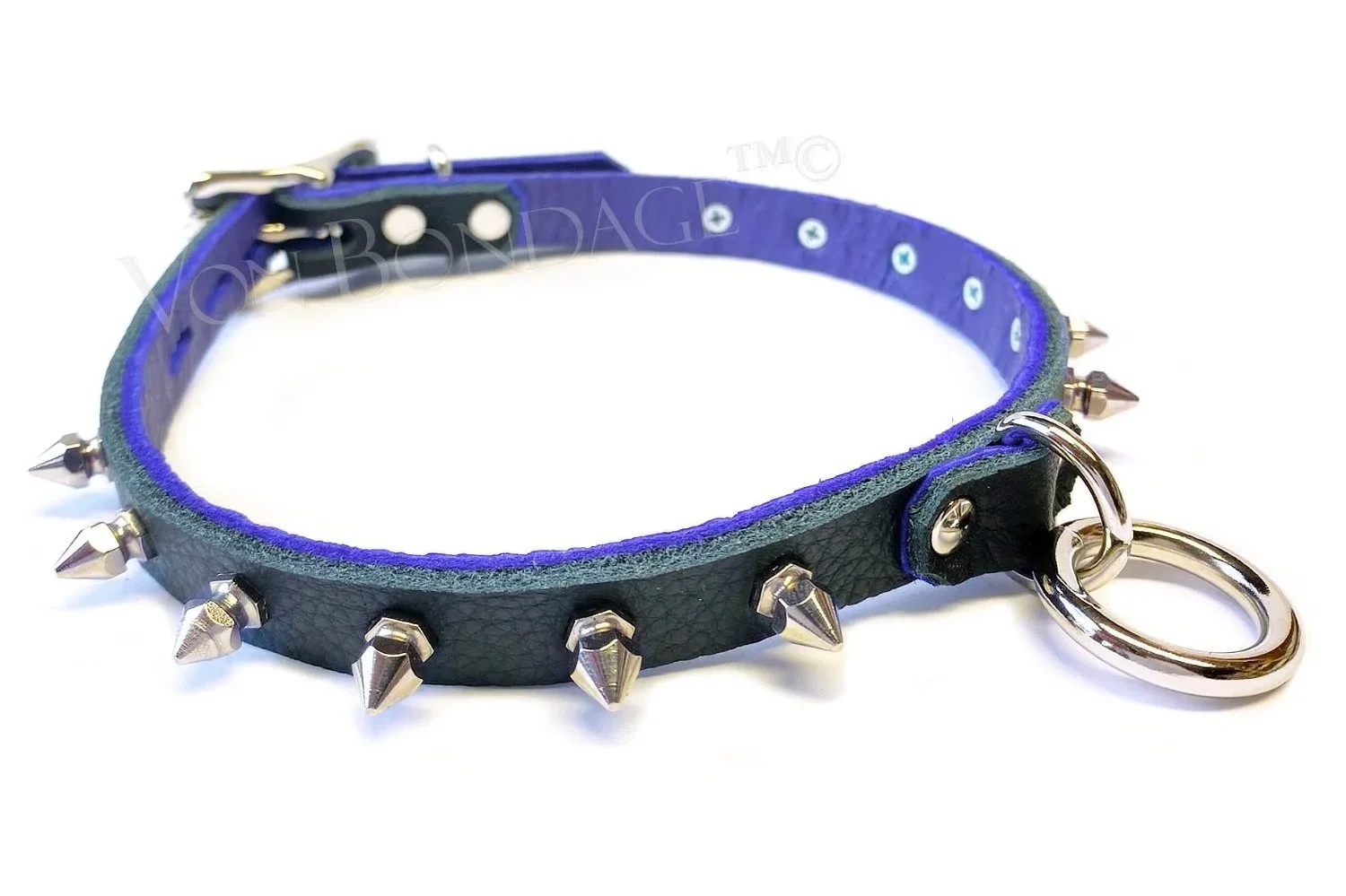 Black & Purple Leather BDSM Kink Collar with D&O Ring & Spikes