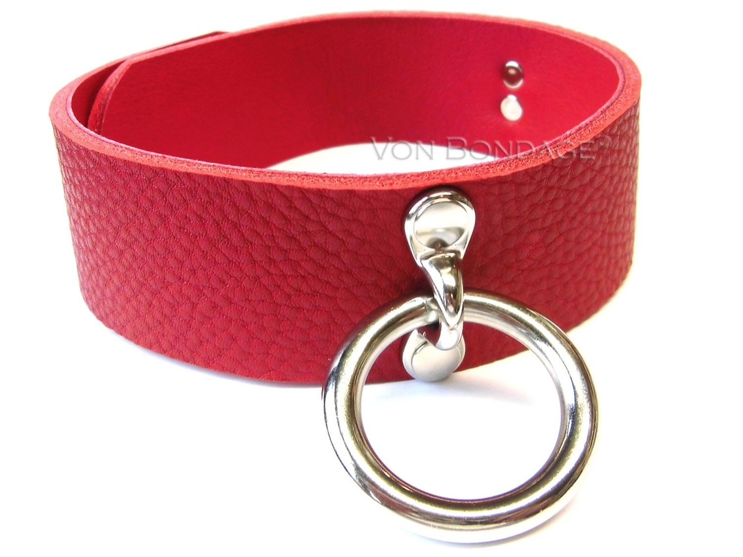 Red Leather Collar with Loop & Ring for BDSM slave lined in red lambskin