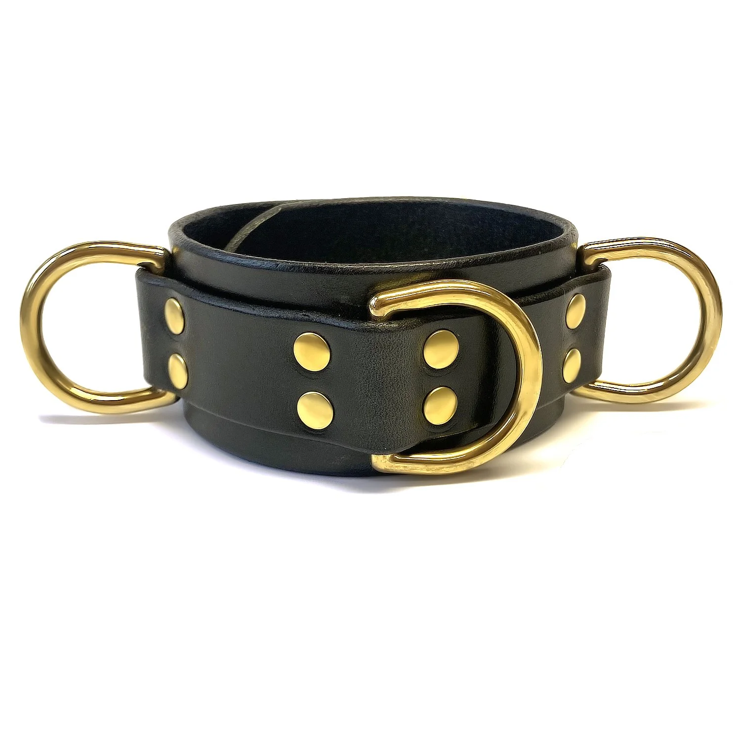 Leather Bondage Collar with Triple 1-1/4" Brass Dee Rings