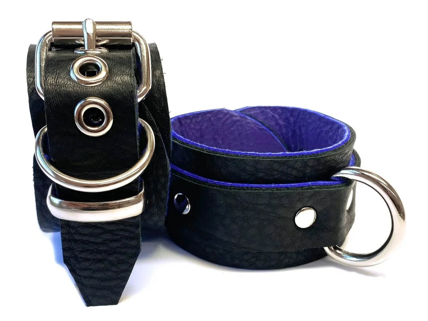 Pair of Black & Purple Leather Restraints  with d-rings