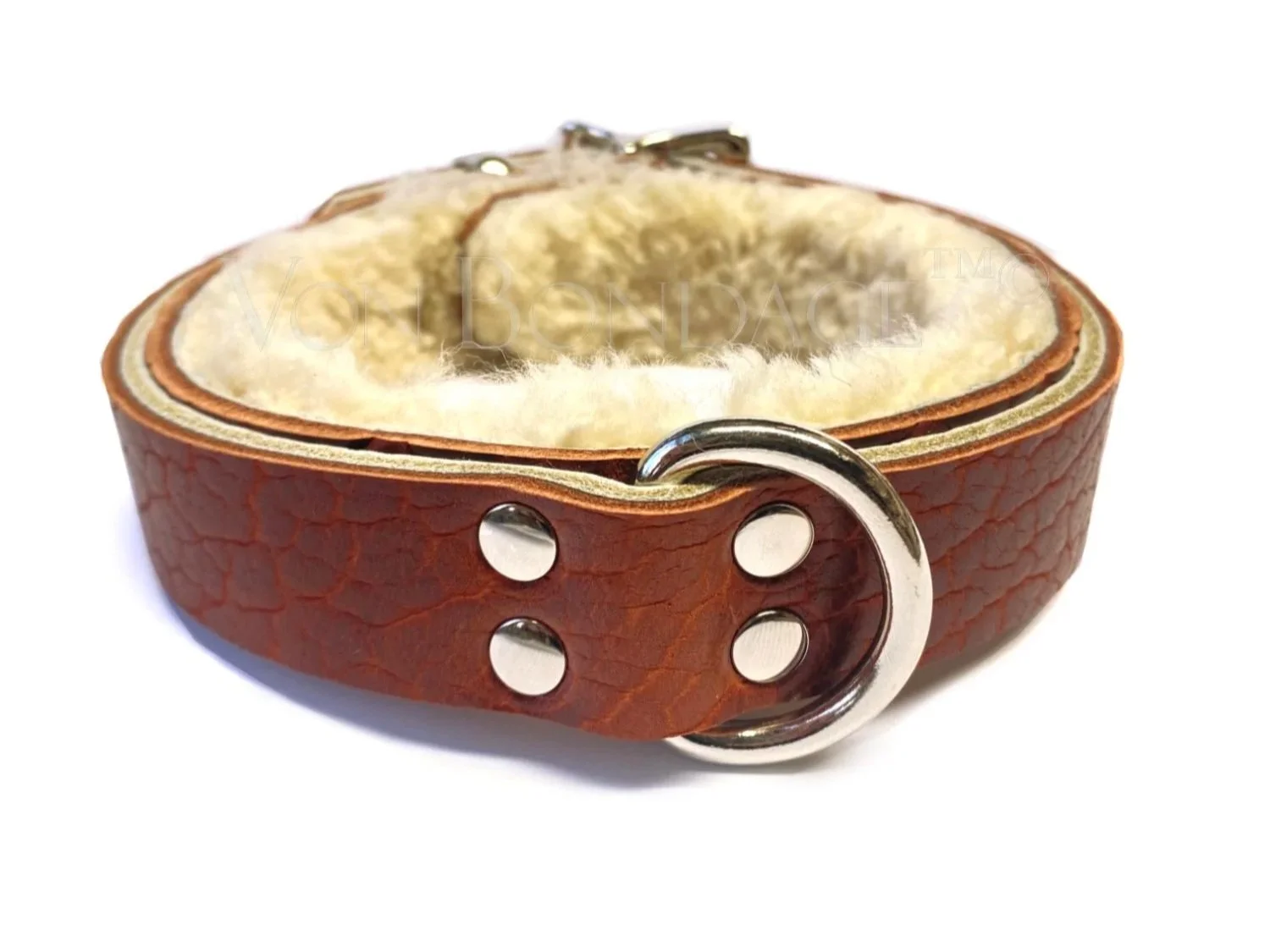 Brown & Cream Narrow Fur-lined slave Collar with Strong Dee Ring