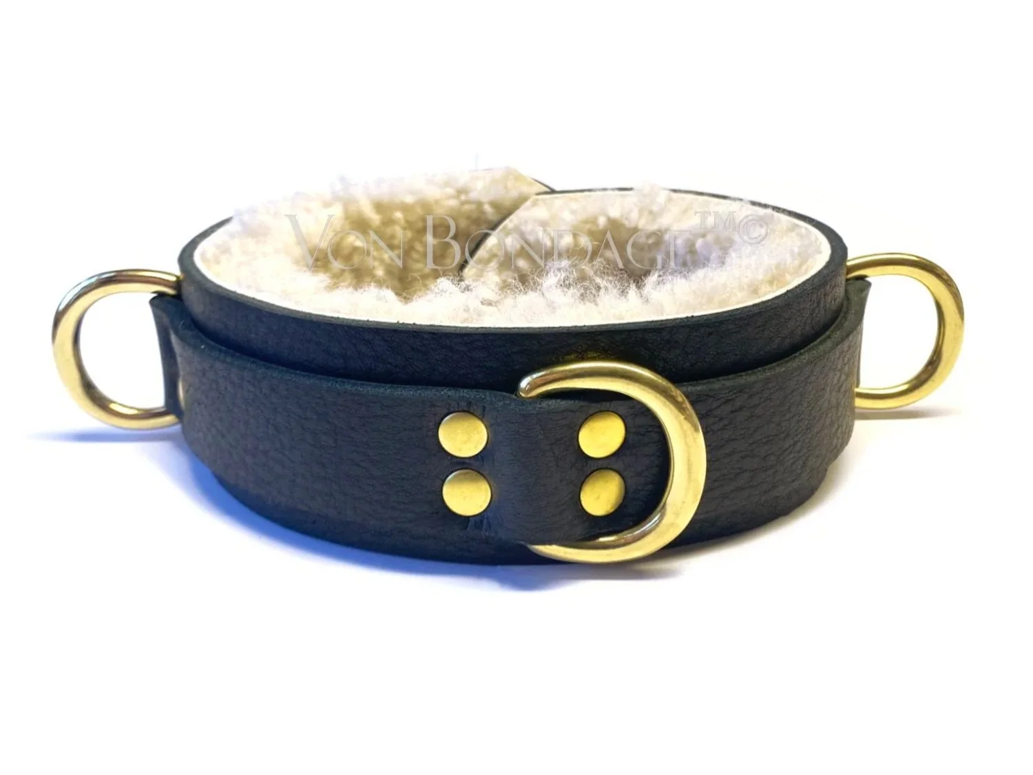 Fur lined BDSM Collar black leather curly sheepskin shearling