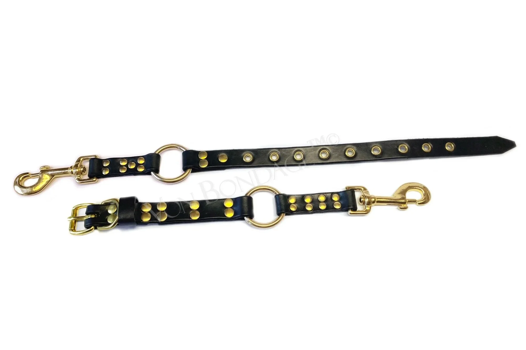 .75 Black Bridle Leather Adjustable BDSM Strap in Brass