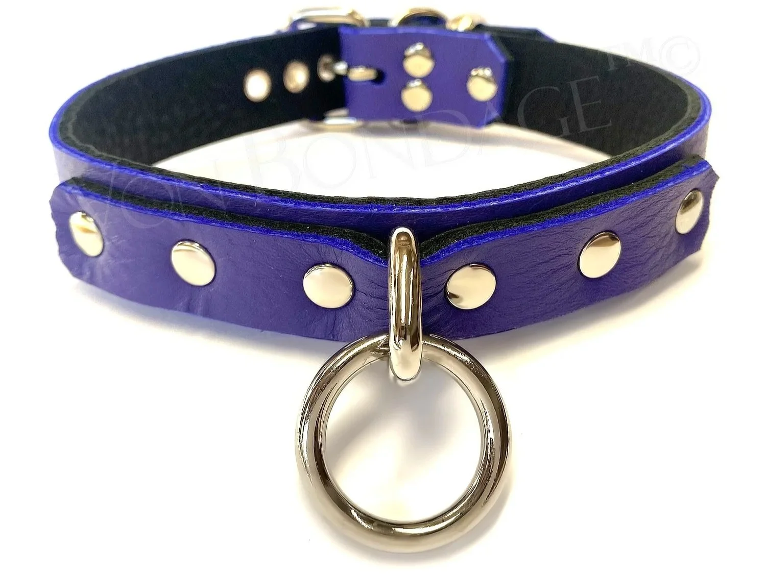 purple leather bdsm collar with bondage O Ring on long strap
