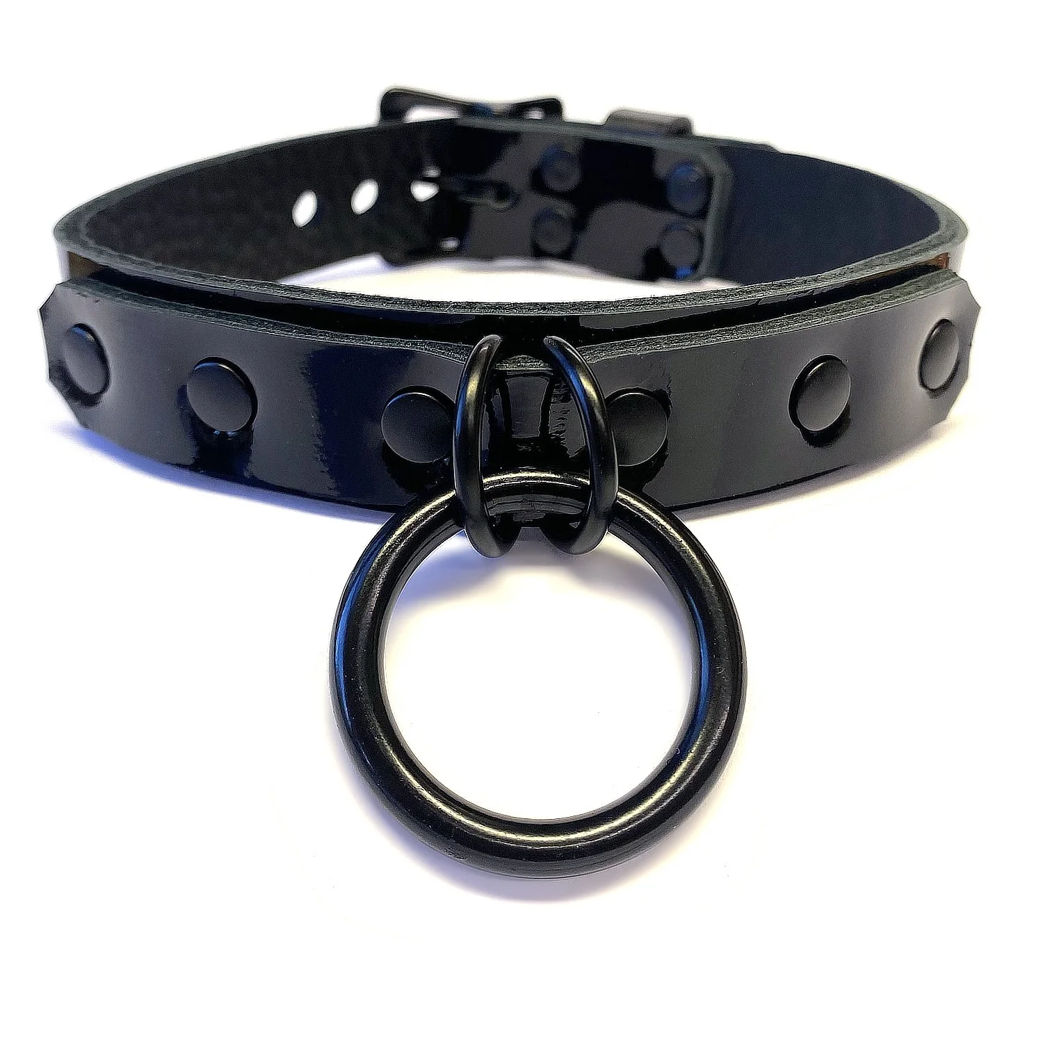 Black Patent Leather BDSM Collar with 2 black d-rings with 1.25 Black O-ring in black hardware