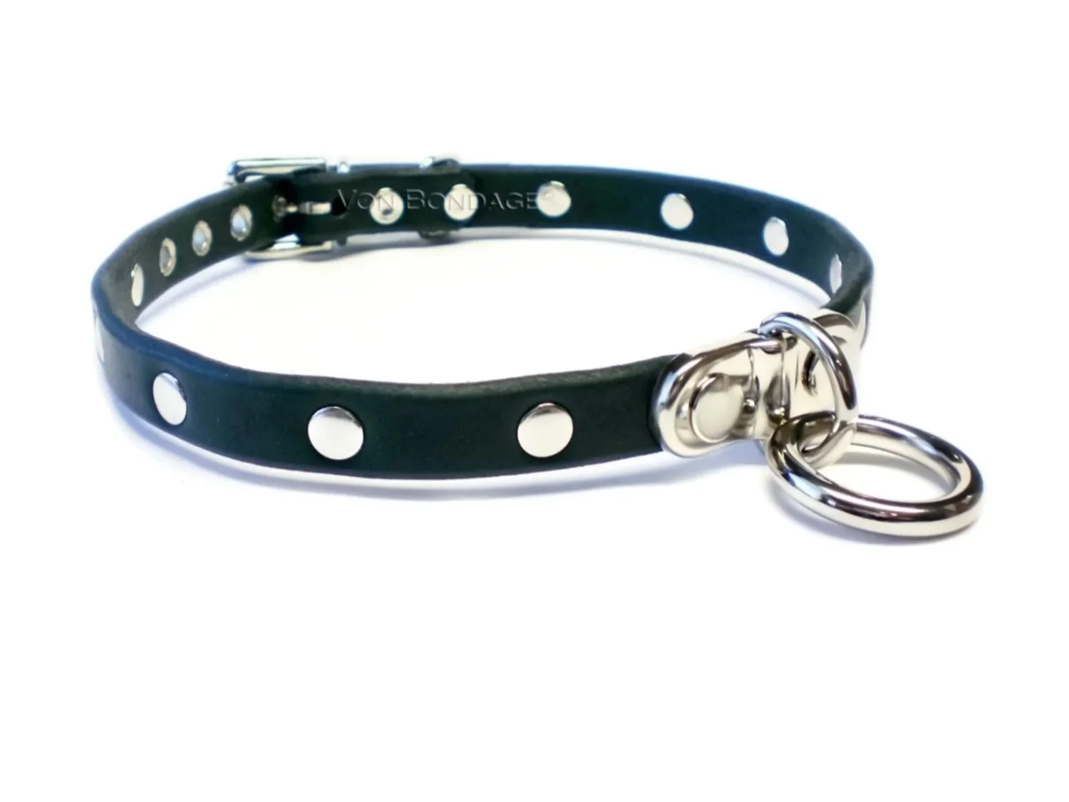 Discreet BDSM Day Collar with Plated Ring & Rivet Studs black latigo leather