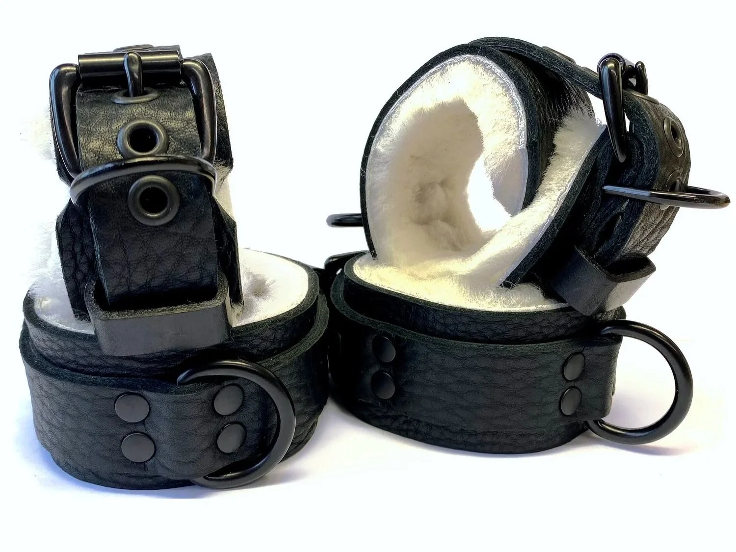 Black Leather & White Fleece BDSM Restraints Set with Black Metal D-Rings