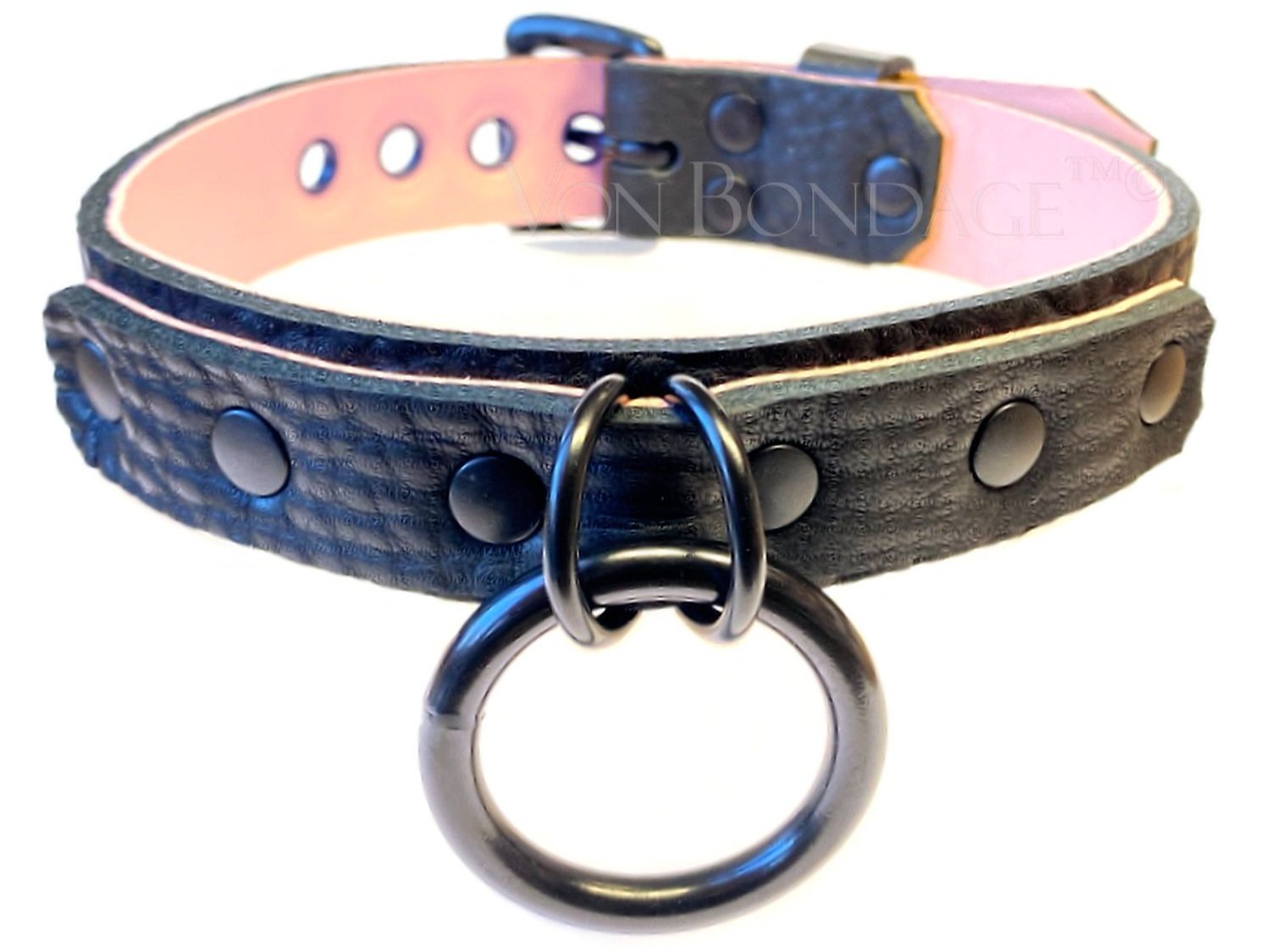 Lockable BDSM Collar with Black 1-1/4 O-Ring lined in pink lambskin