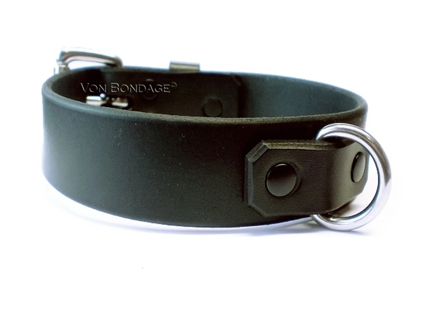 Black Leather Bondage Collar with small stainless steel dee ring