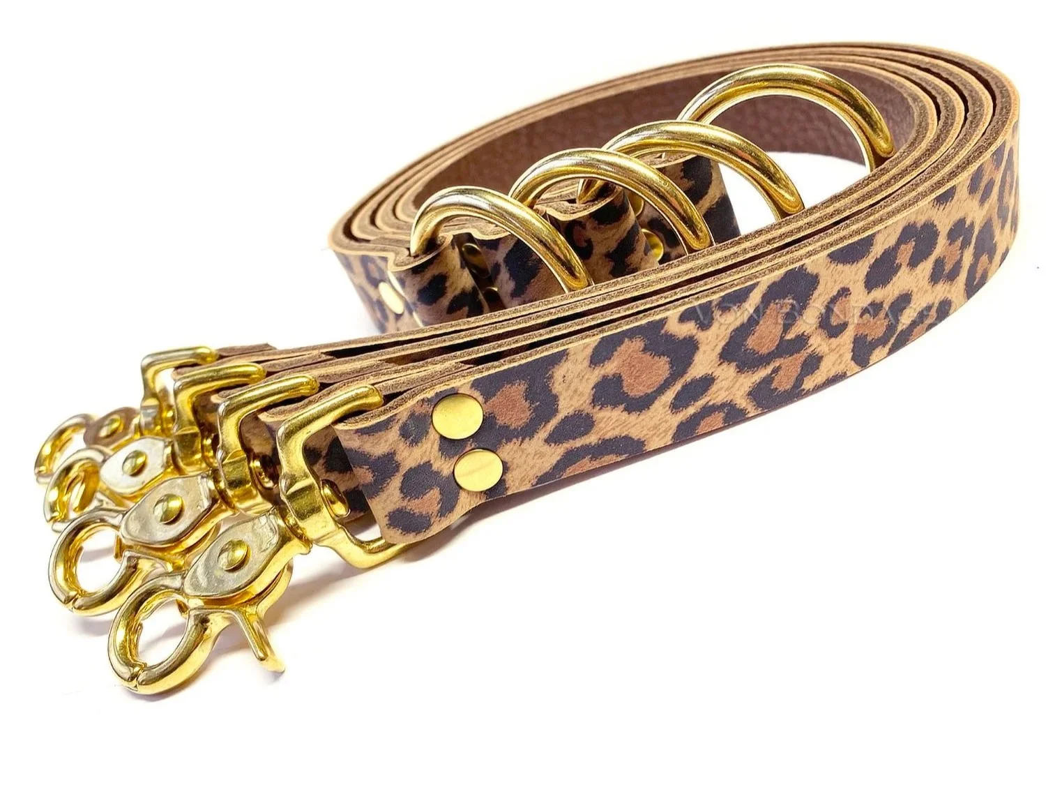 Leopard Print Leather Bedpost Restraint Straps with Solid Brass Scissor Clips