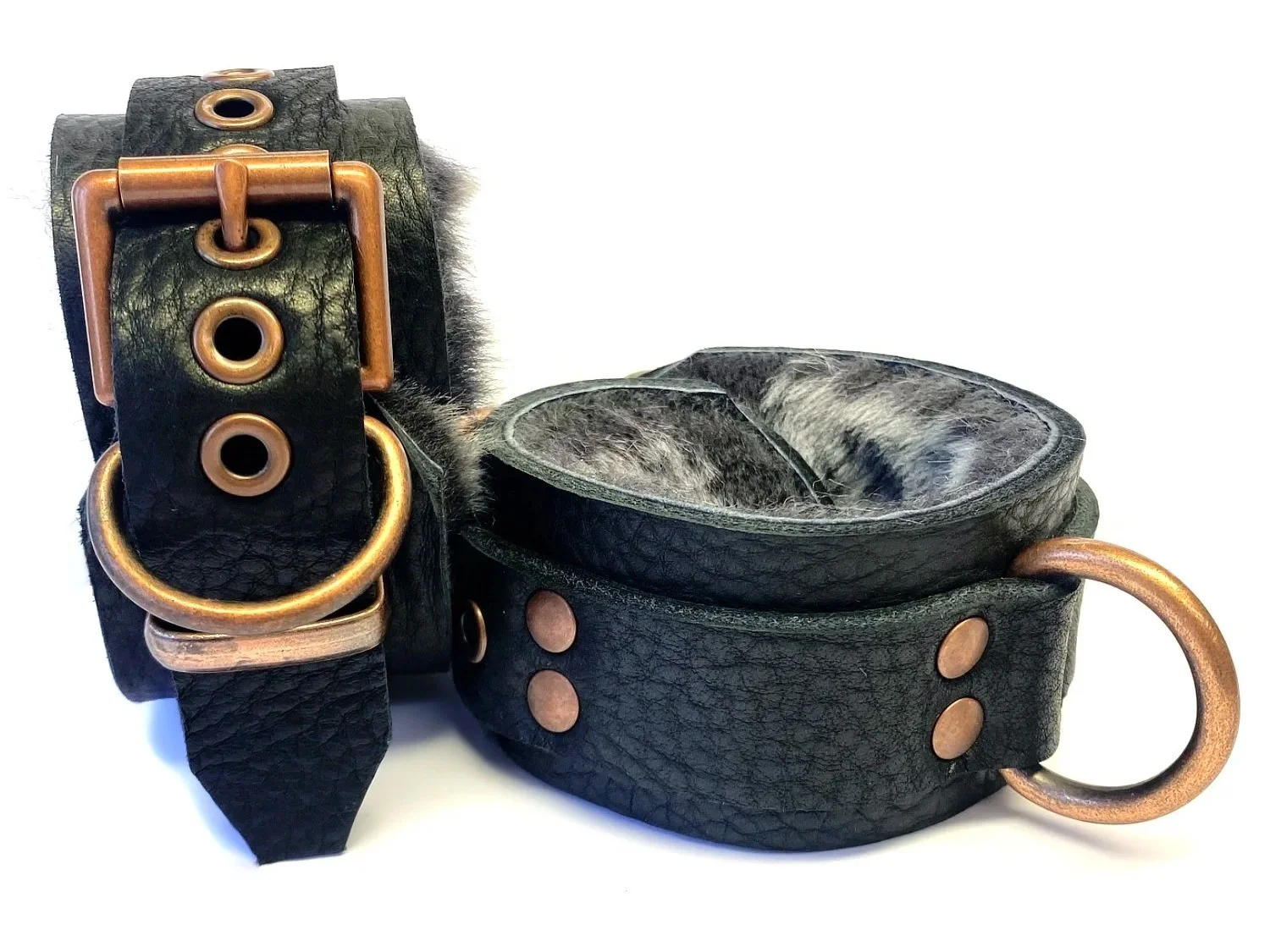 Leather BDSM Restraints in Soft Gray Sheepskin with Copper D-rings
