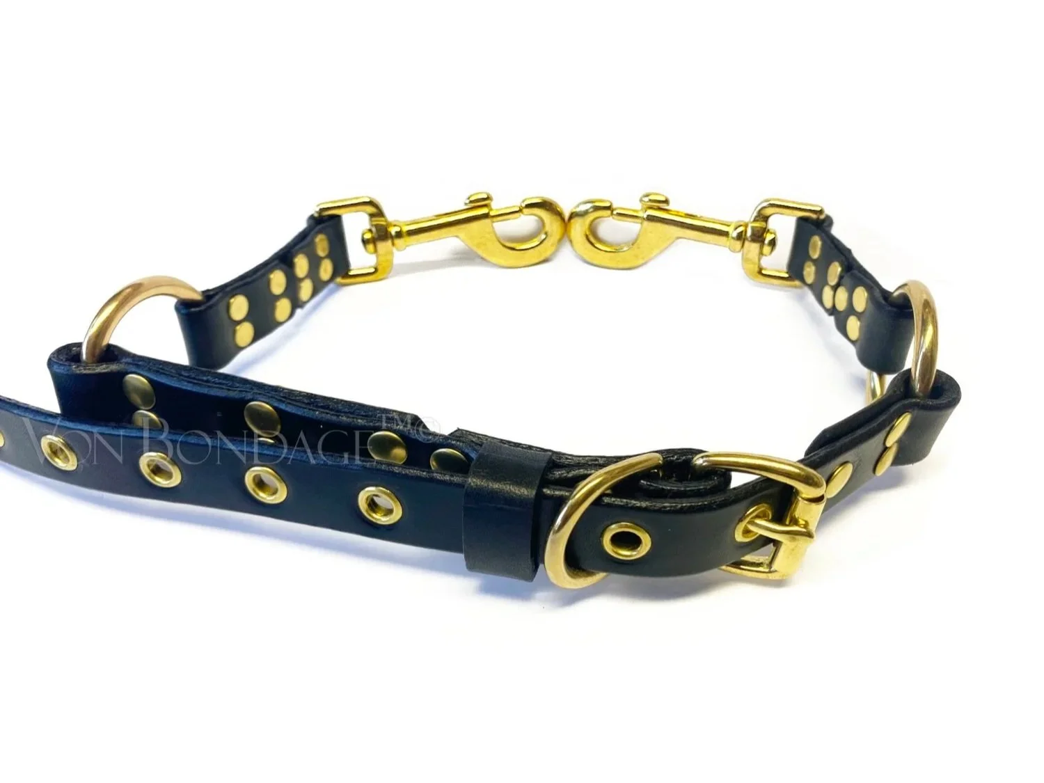 .75 Black Bridle Leather Adjustable Bondage Strap in Brass