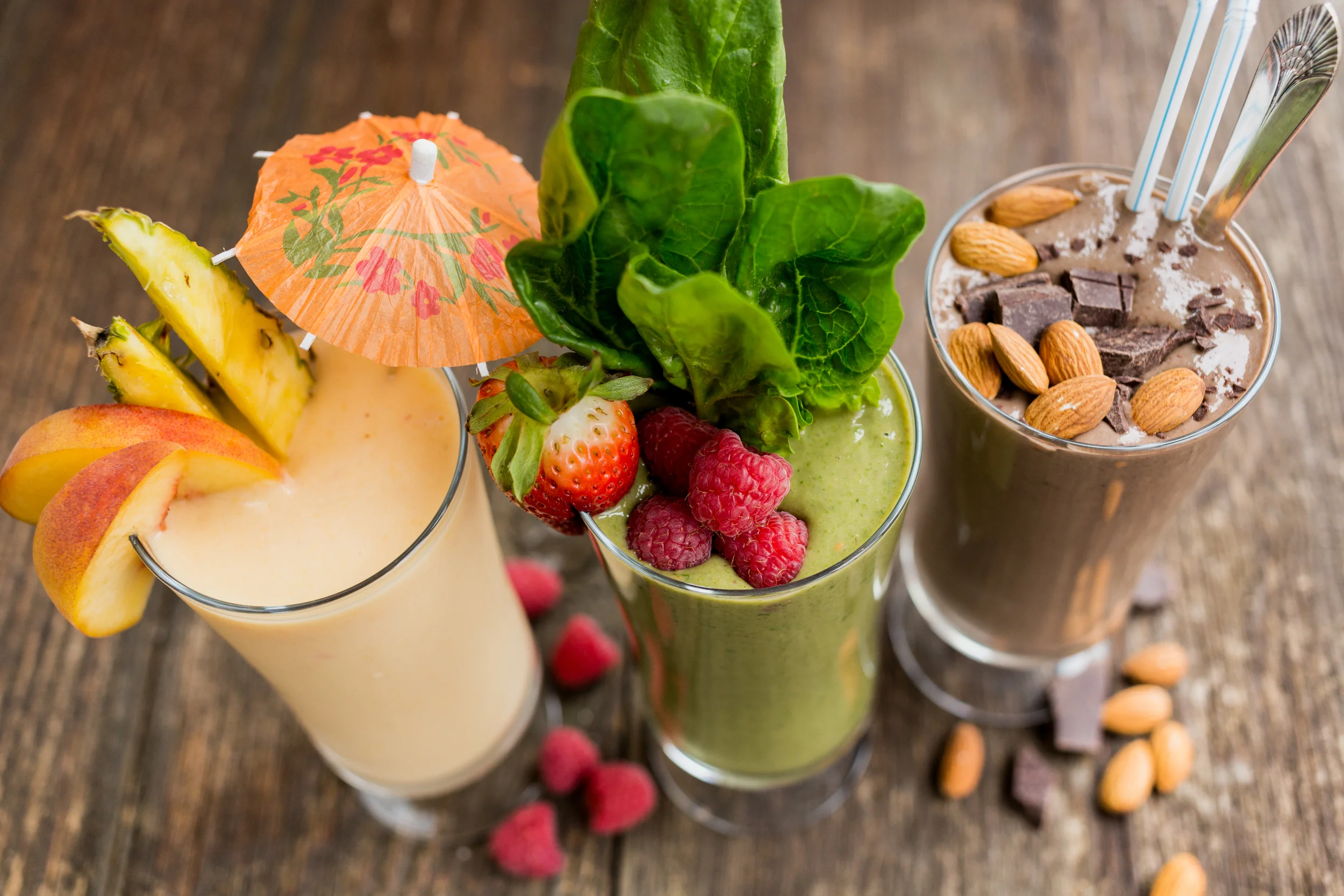 Fizzy pineapple peach, Super spinach berry & Chocolate almond butter