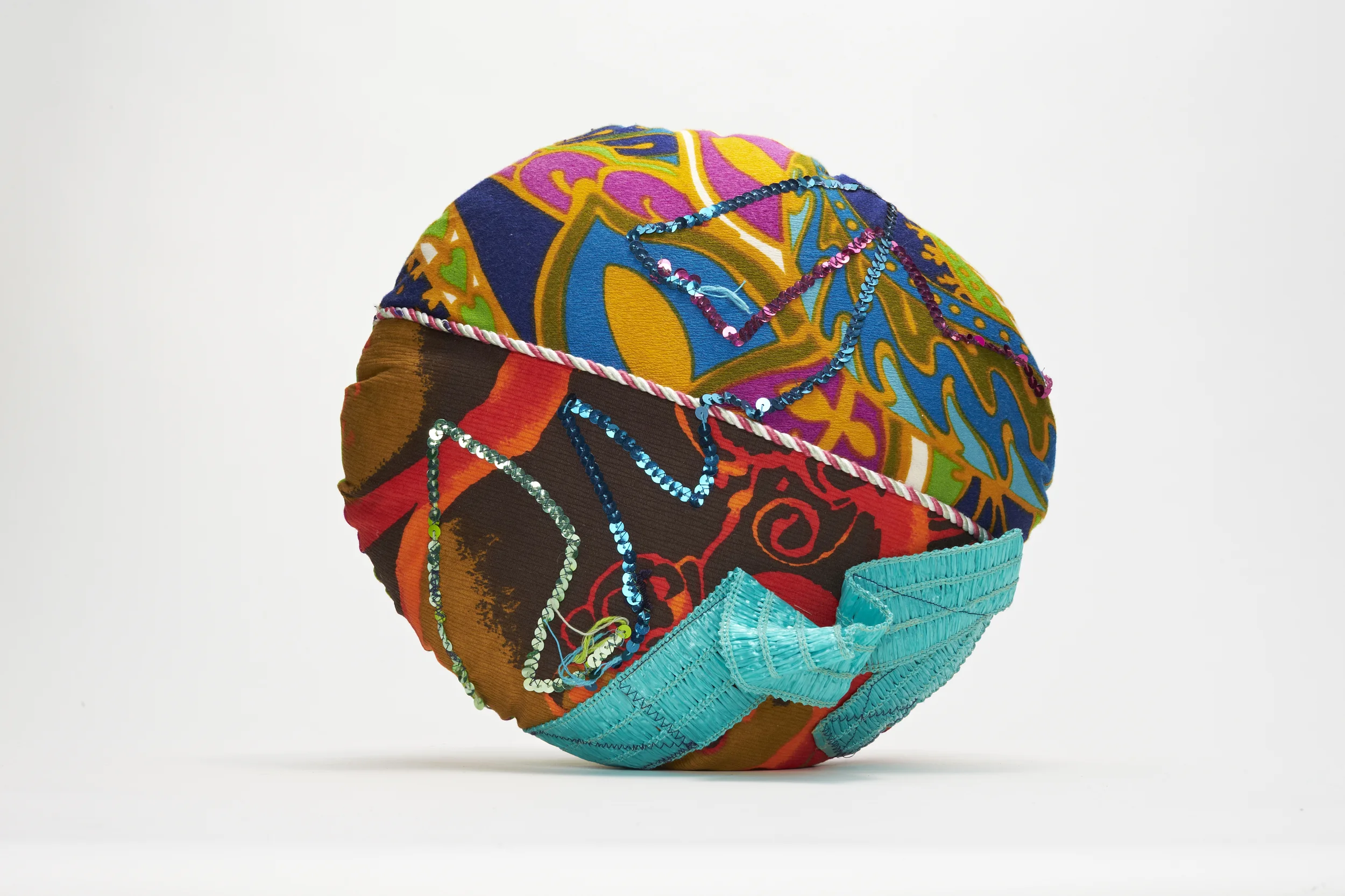 <div style="visibility: hidden">Apryl Miller colorful vintage fabric soft sculpture with trims, small </div>