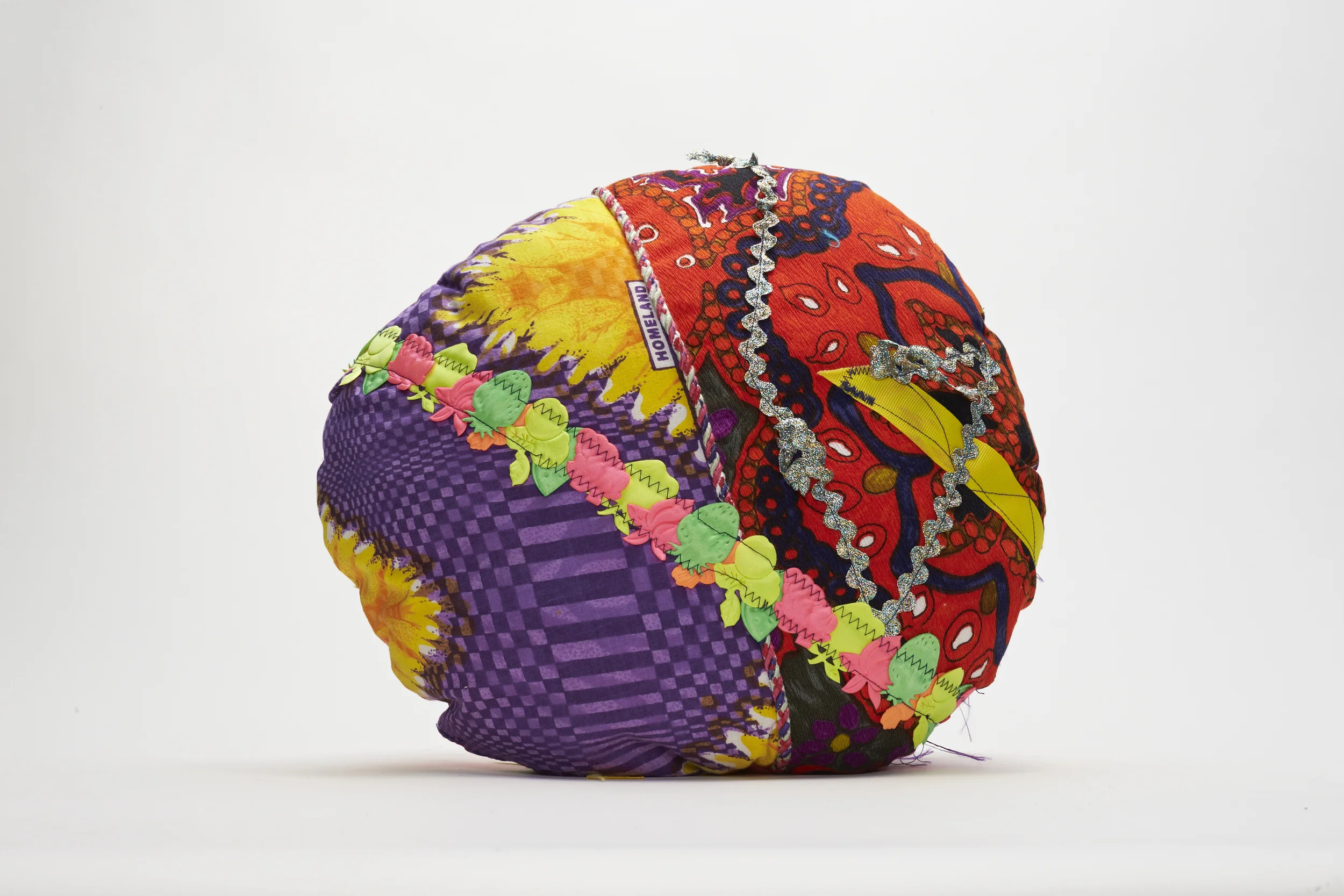 <div style="visibility: hidden">Apryl Miller colorful vintage fabric soft sculpture with trims, small </div>