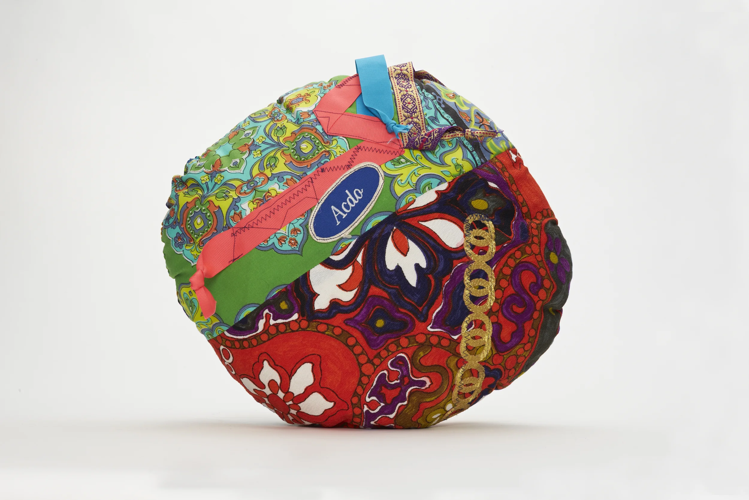 <div style="visibility: hidden">Apryl Miller colorful vintage fabric soft sculpture with trims, small </div>