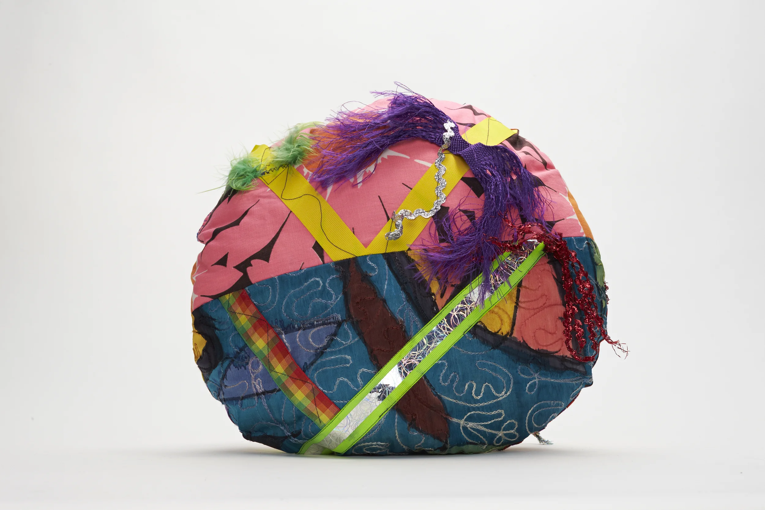 <div style="visibility: hidden">Apryl Miller colorful vintage fabric soft sculpture with trims, small </div>