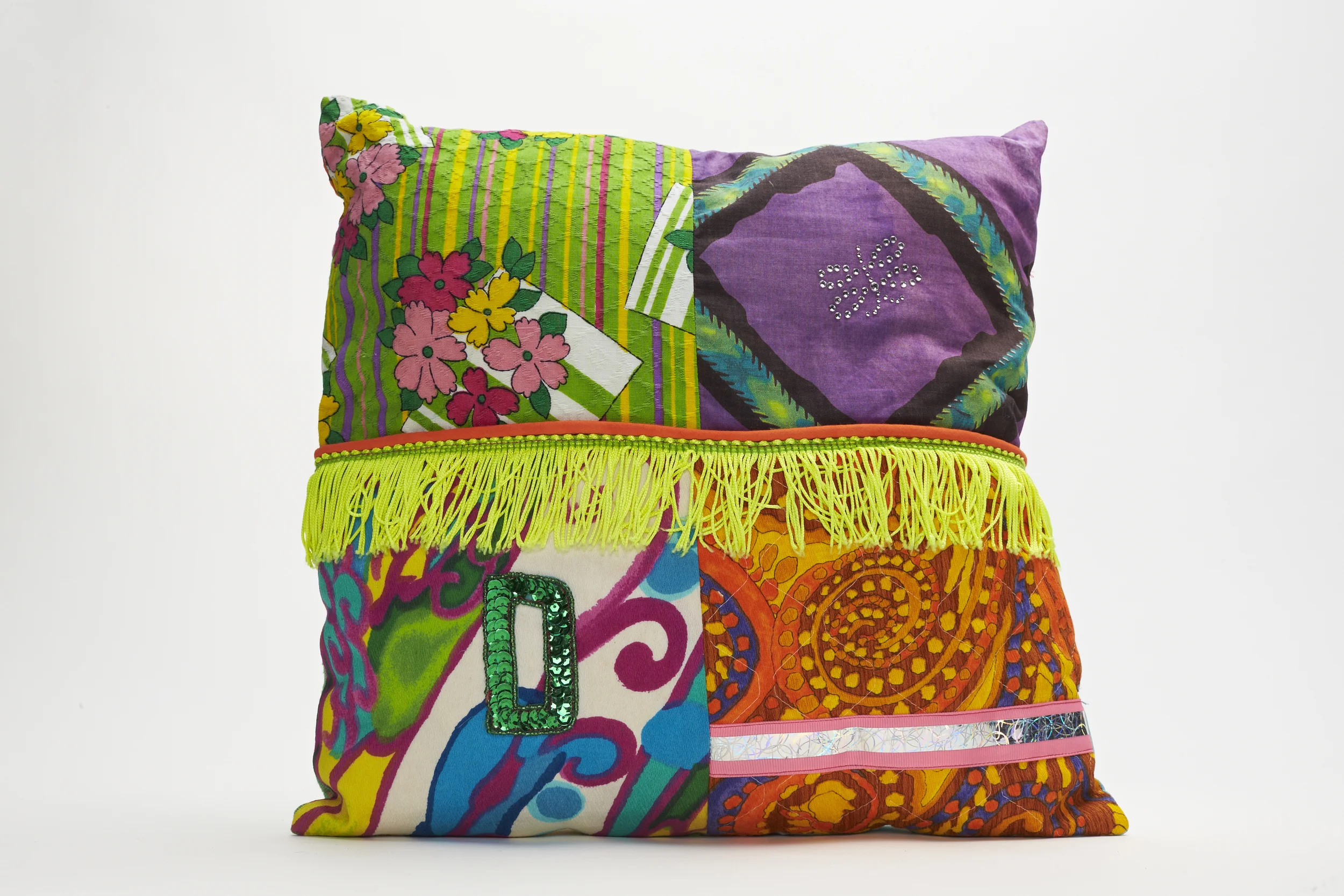 <div style="visibility: hidden">Apryl Miller colorful vintage fabric soft sculpture with trims, small </div>