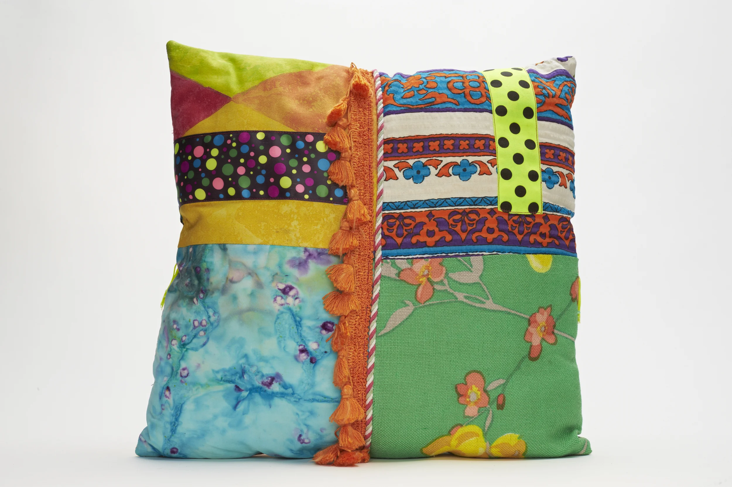 <div style="visibility: hidden">Apryl Miller colorful vintage fabric soft sculpture with trims, small </div>