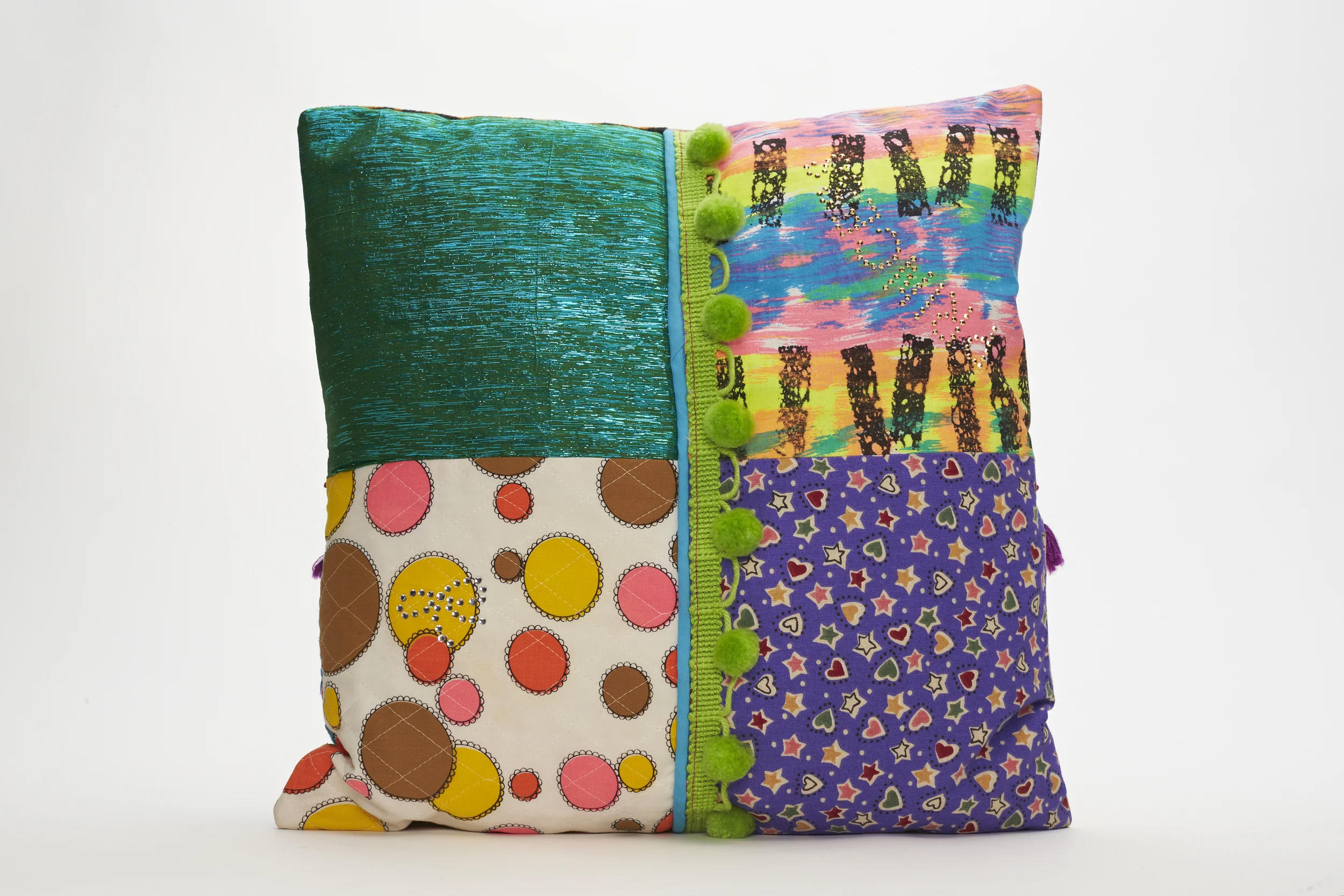 <div style="visibility: hidden">Apryl Miller colorful vintage fabric soft sculpture with trims, small </div>