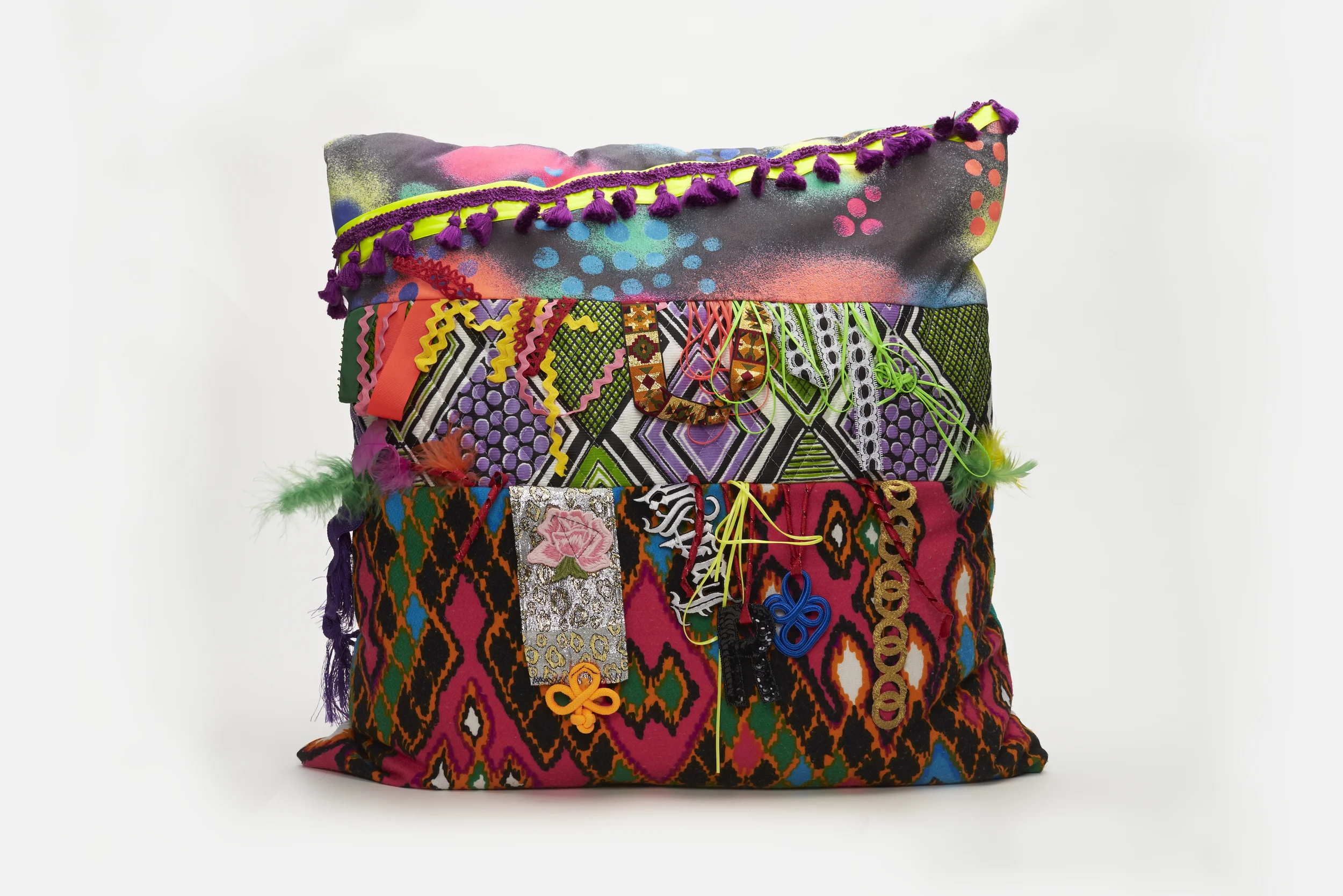 <div style="visibility: hidden">Apryl Miller colorful vintage fabric soft sculpture with trims, large </div>