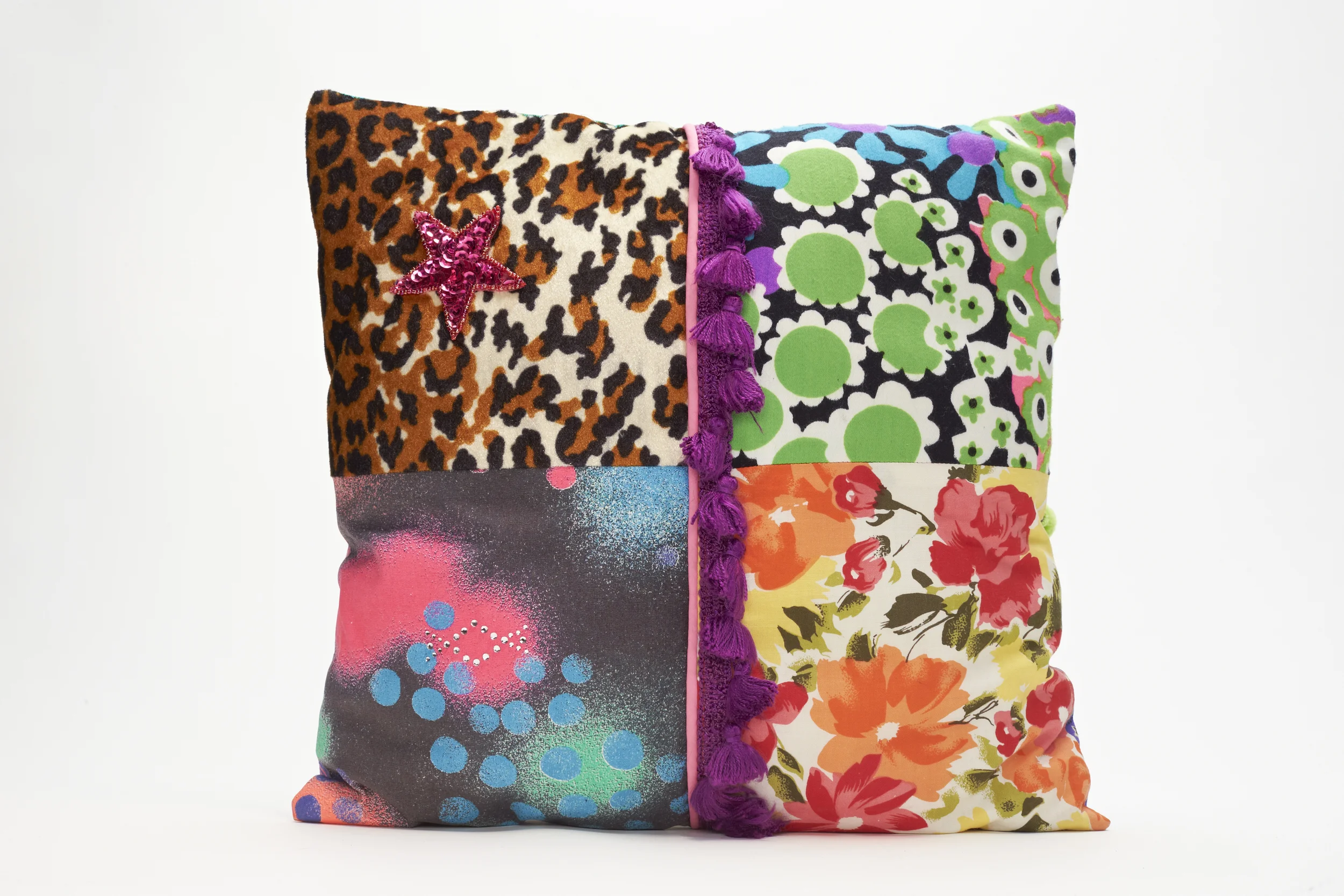 <div style="visibility: hidden">Apryl Miller colorful vintage fabric soft sculpture with trims, small </div>
