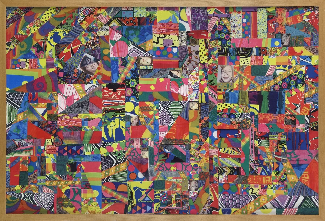 Bits, pieces, black encircled shrunken pillows, made with trims and disappearing markers, blobs of paint blobbed, hemmed in by the black grids, while yellow escaped, 2001 Paper on Cardboard 90.17 cm × 60.96 cm (35 ½ in × 24 in)