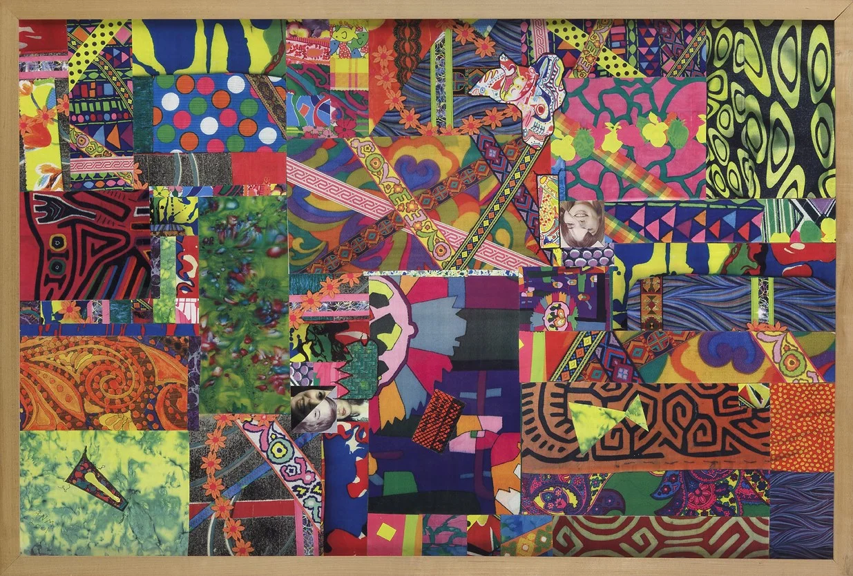 <span style="font-weight:normal">Fragments of fragile X’d rice paper with trims of tie dye, from Peru, in a swirl of daises, looking for Matisse, 2001</span>