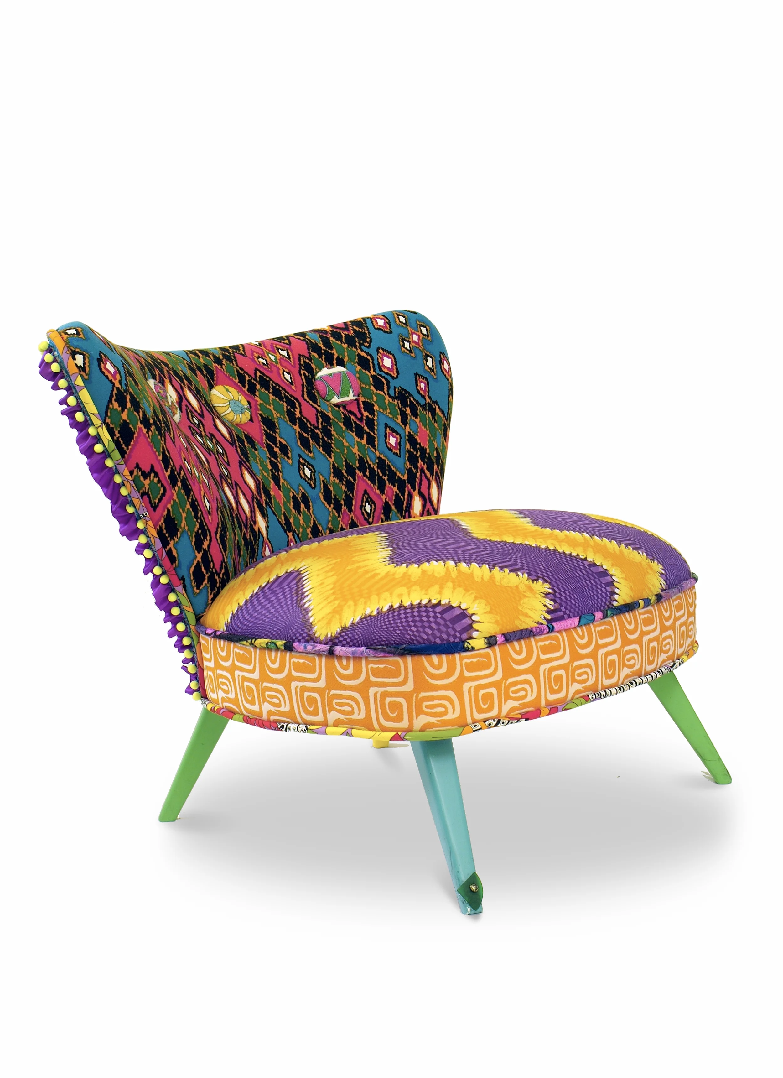  The Three Of Chairs, 2006   Wood, acrylic, vintage fabric, fabric trim, plastic    73.66 cm × 83.82 cm × 78.74 cm (29 in × 33 in × 31 in)    Additional Views  