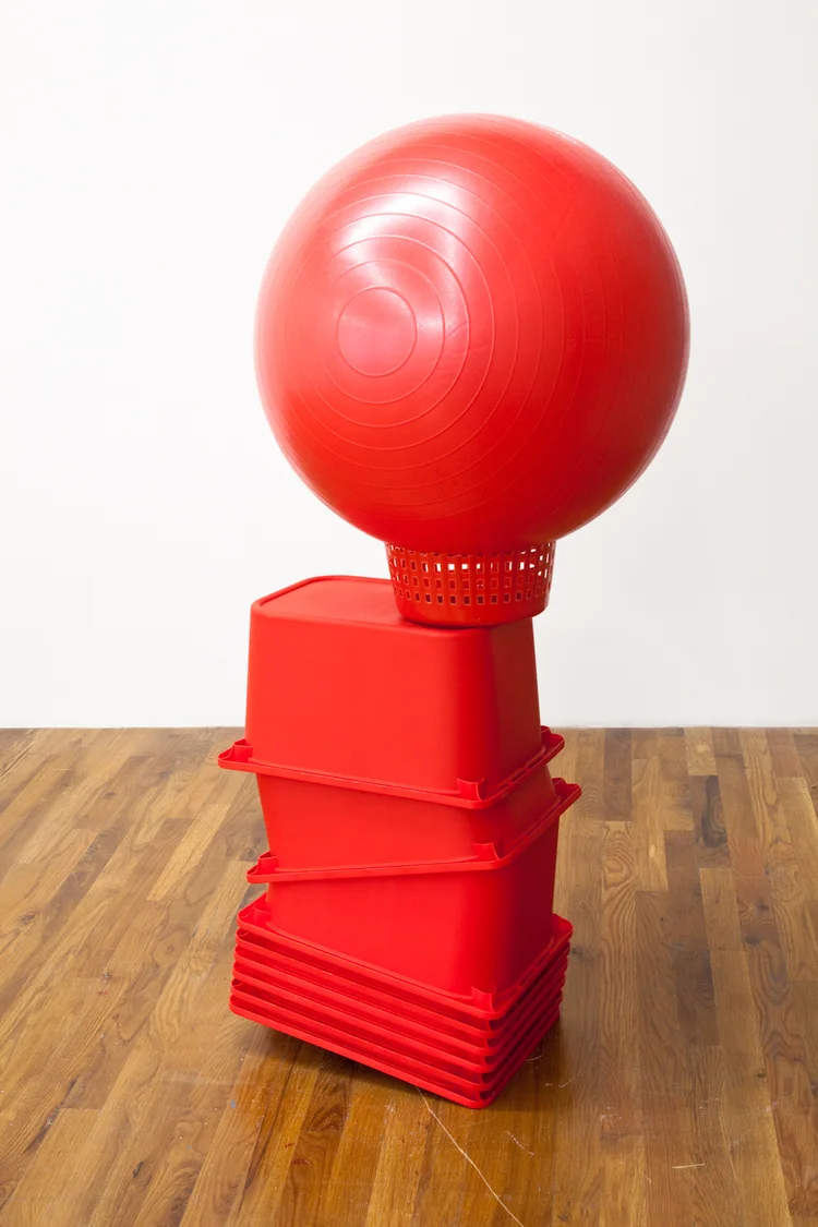 Untitled (Red) 2012 Buckets, fitness ball, wiffle ball 53 x 33 x 23 inches